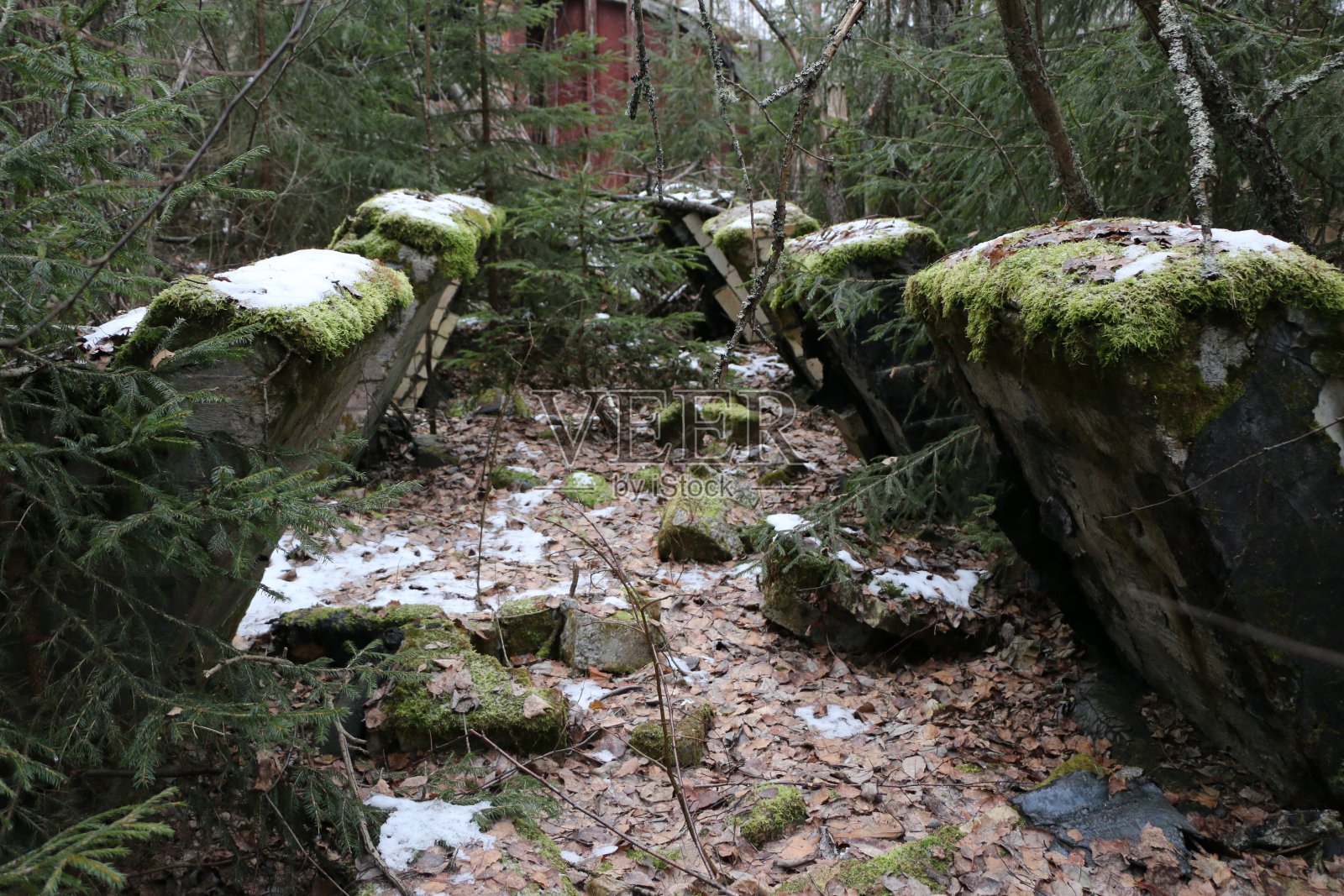 旧的导弹部队军事基地在爆炸后被摧毁，指挥所和防空洞扔在树林里照片摄影图片