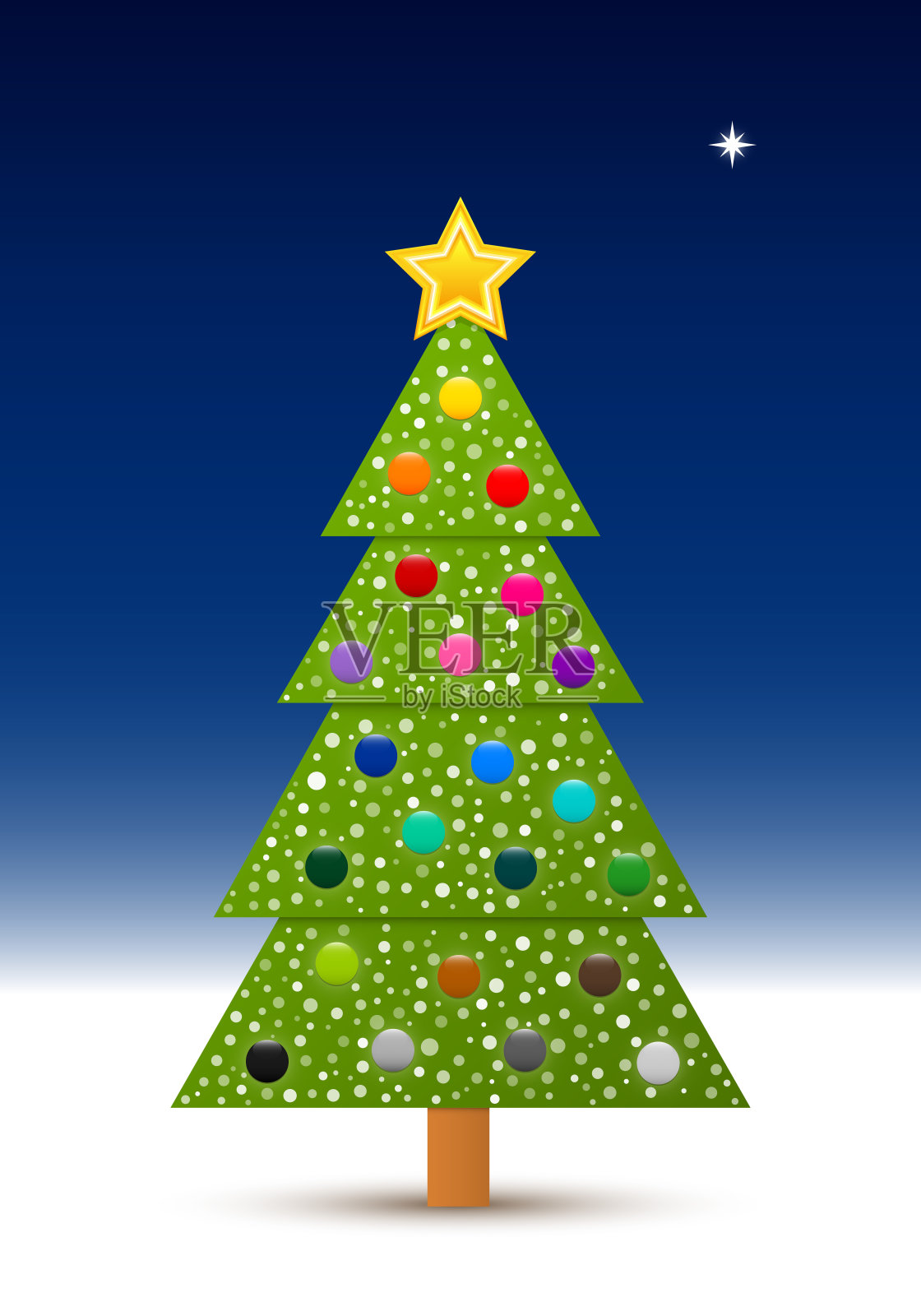 矢量装饰圣诞树与球和雪在晴朗的夜晚与北极星插画图片素材
