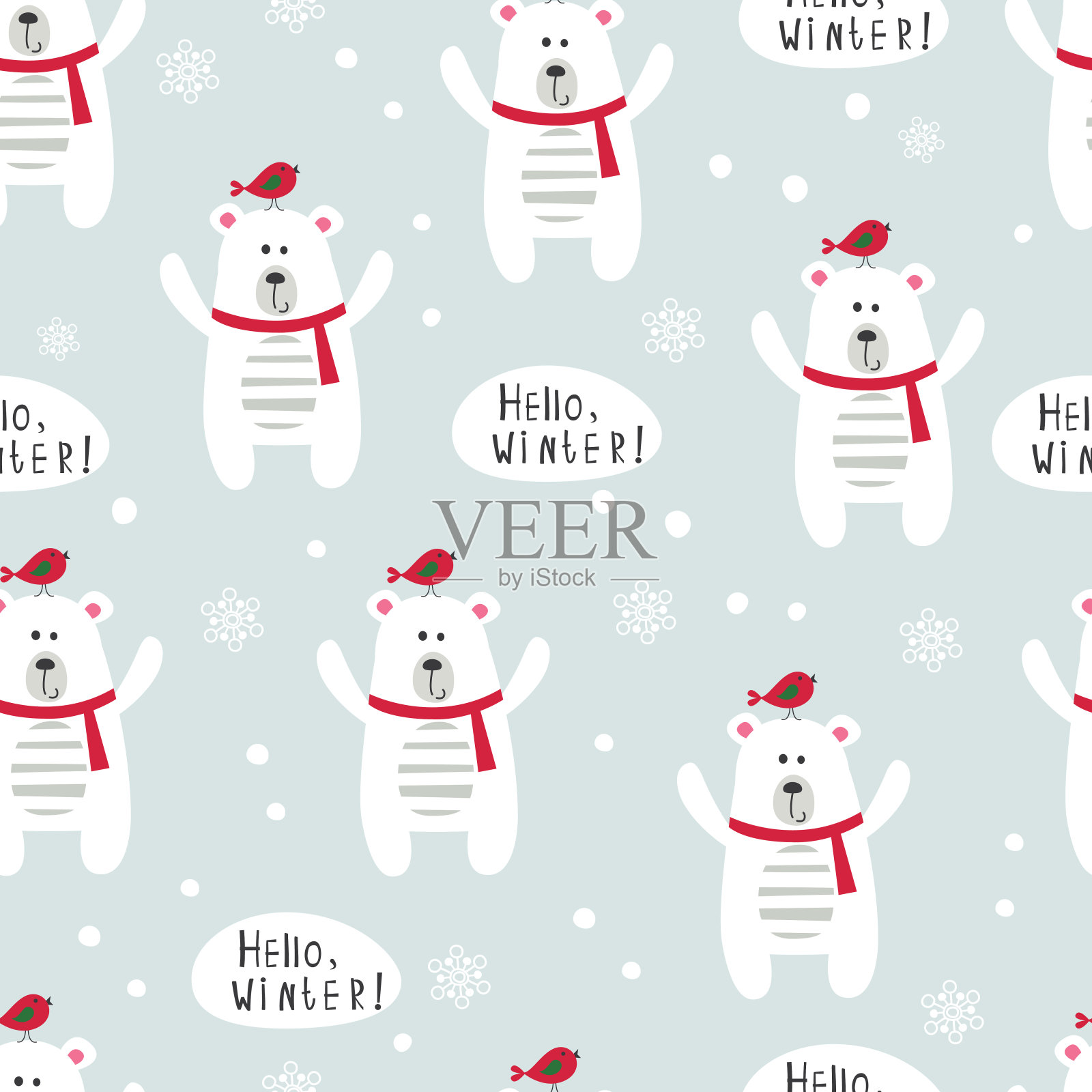 冬季接缝图案与北极熊和鸟类插画图片素材