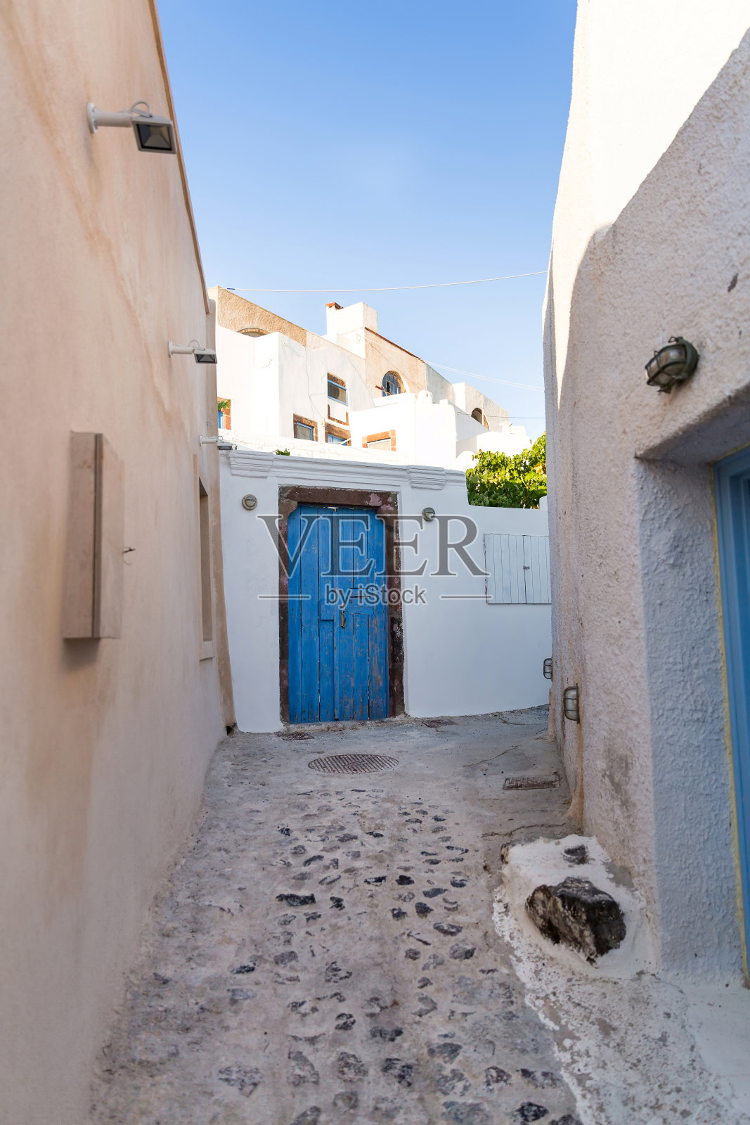 蓝色的门,圣托里尼岛照片摄影图片