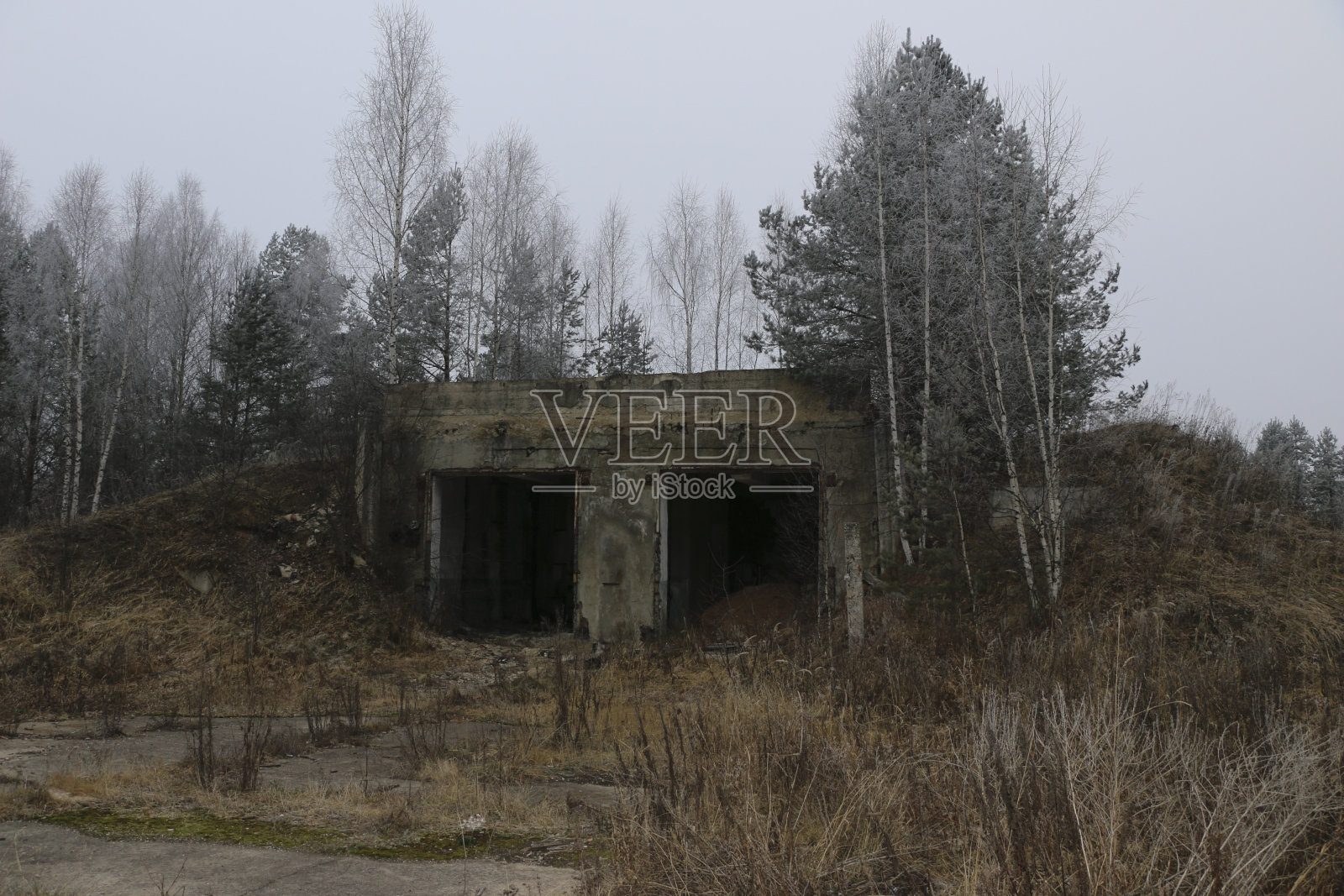 旧的导弹部队军事基地在爆炸后被摧毁，指挥所和防空洞扔在树林里照片摄影图片