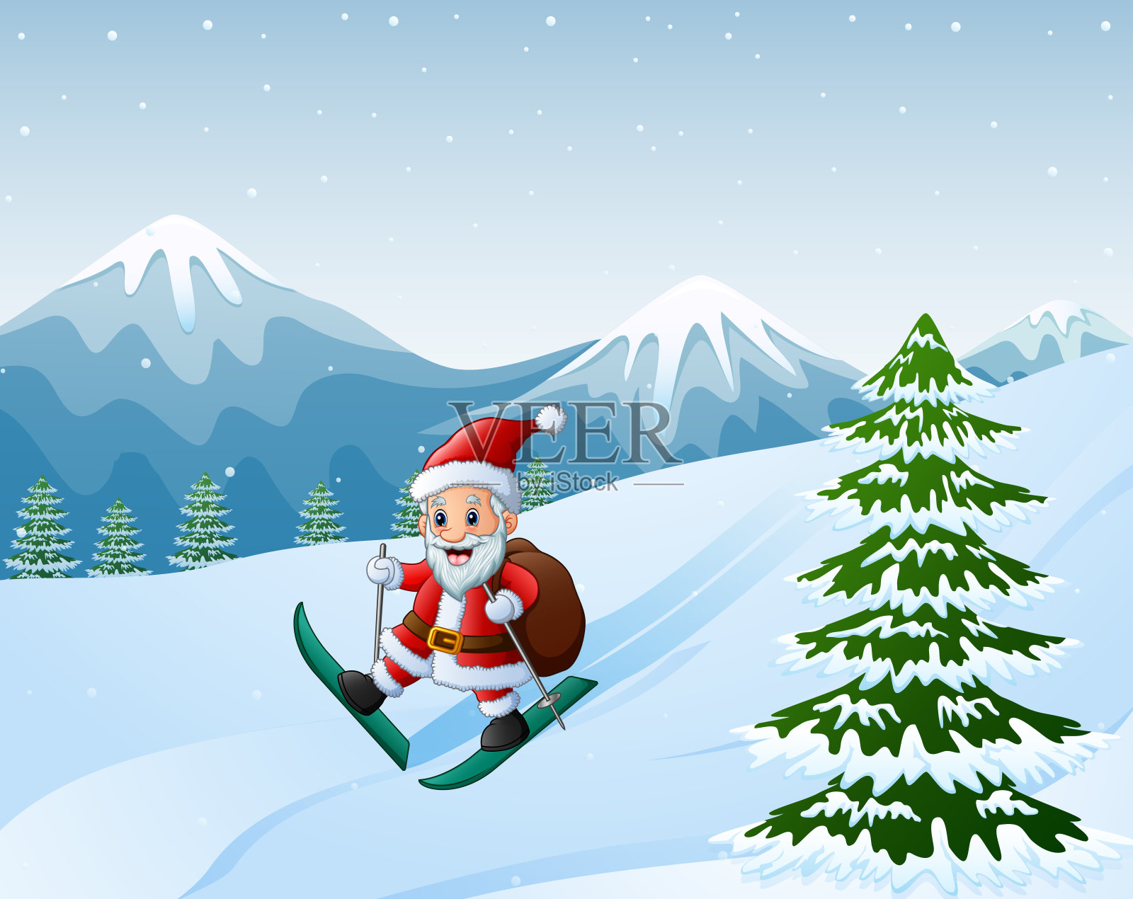 卡通圣诞老人带着一袋礼物滑雪下山插画图片素材