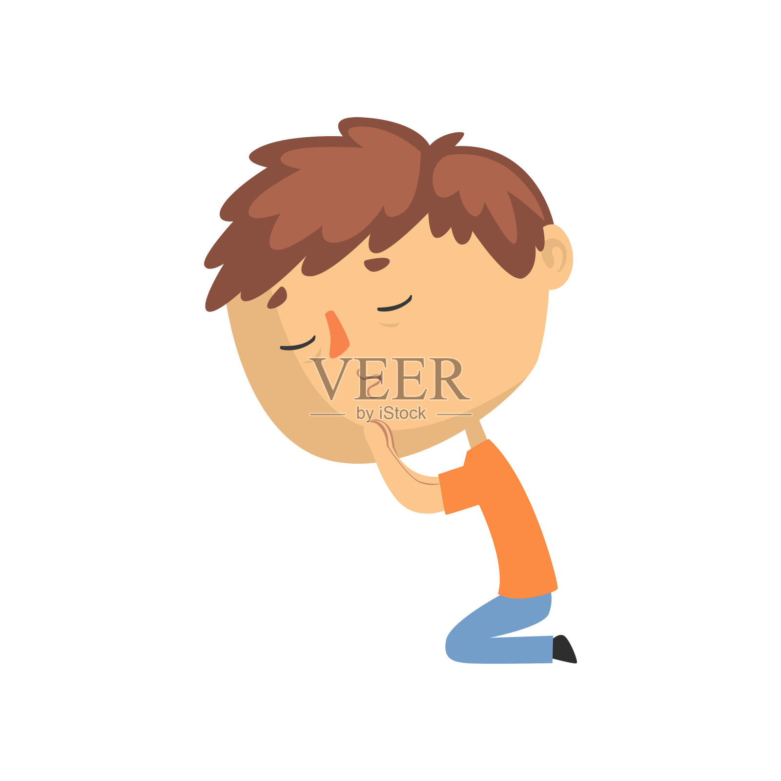 年轻人祈祷在他的膝盖上闭上眼睛的卡通矢量插图插画图片素材