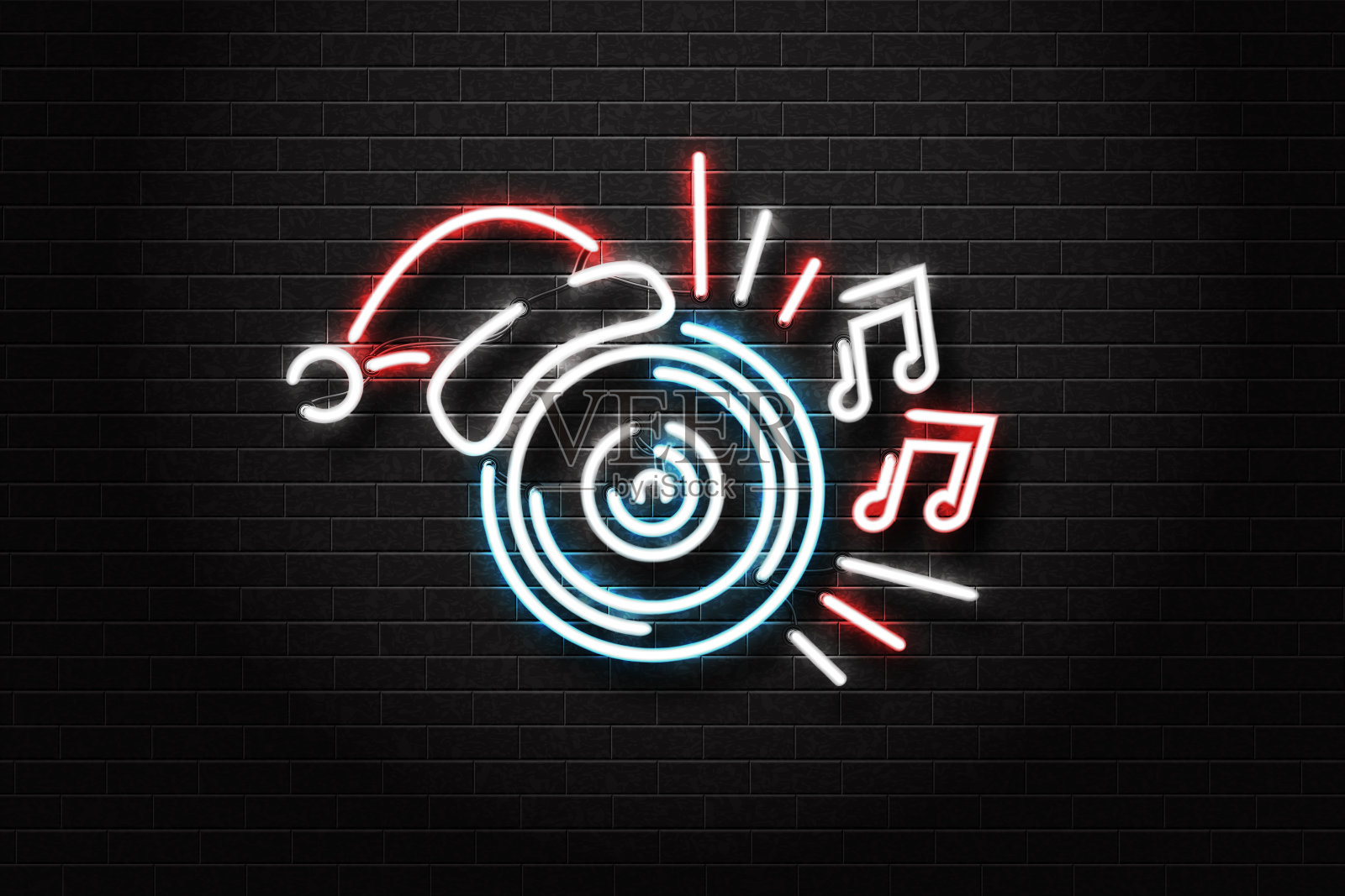 矢量现实孤立的霓虹灯标识与圣诞老人的帽子装饰和覆盖在墙壁背景。圣诞派对，夜总会和dj的概念。插画图片素材