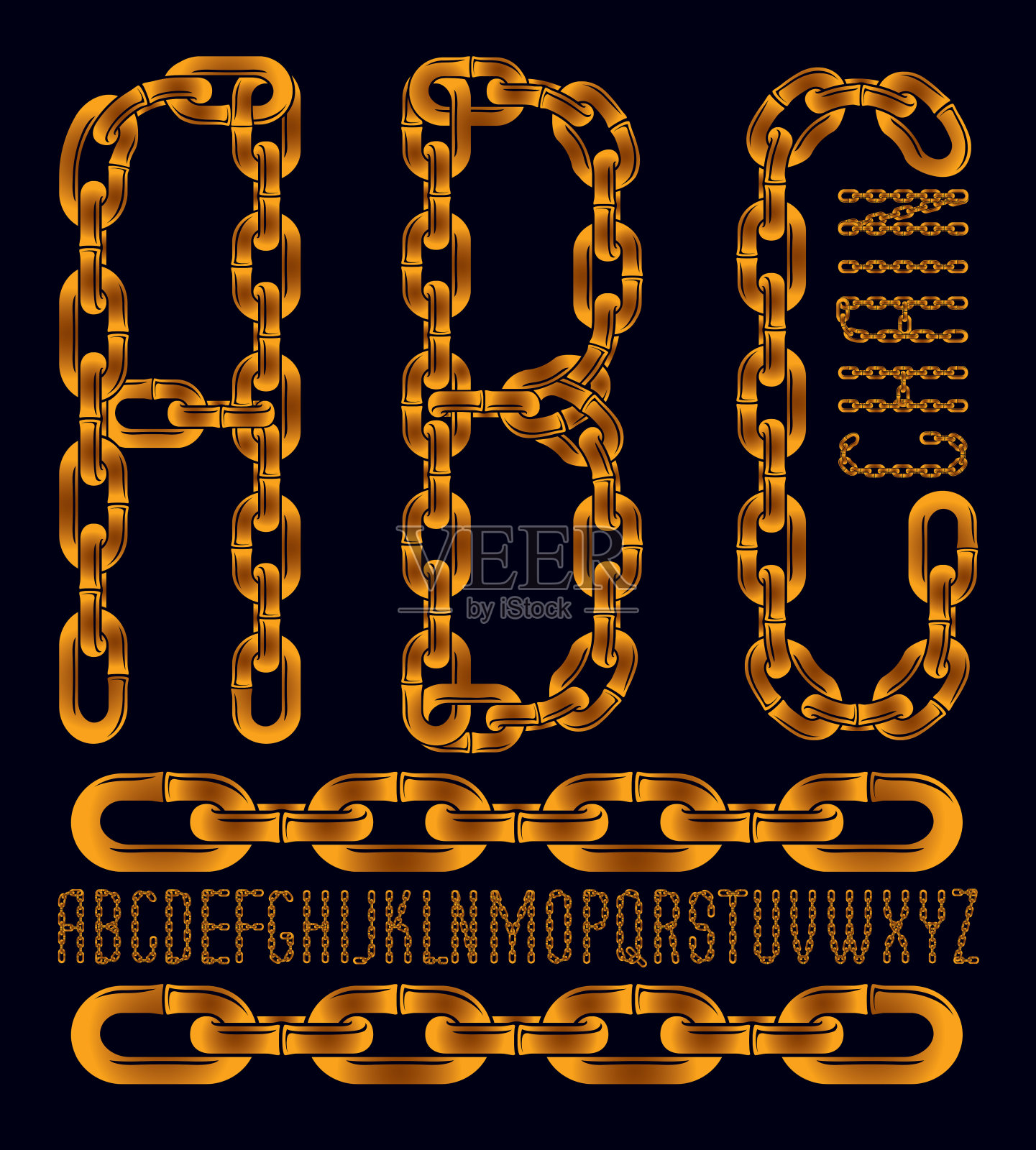 矢量字体，时髦的打字稿可以用于海报创作。大写装饰字母，abc用连接链链创建。插画图片素材