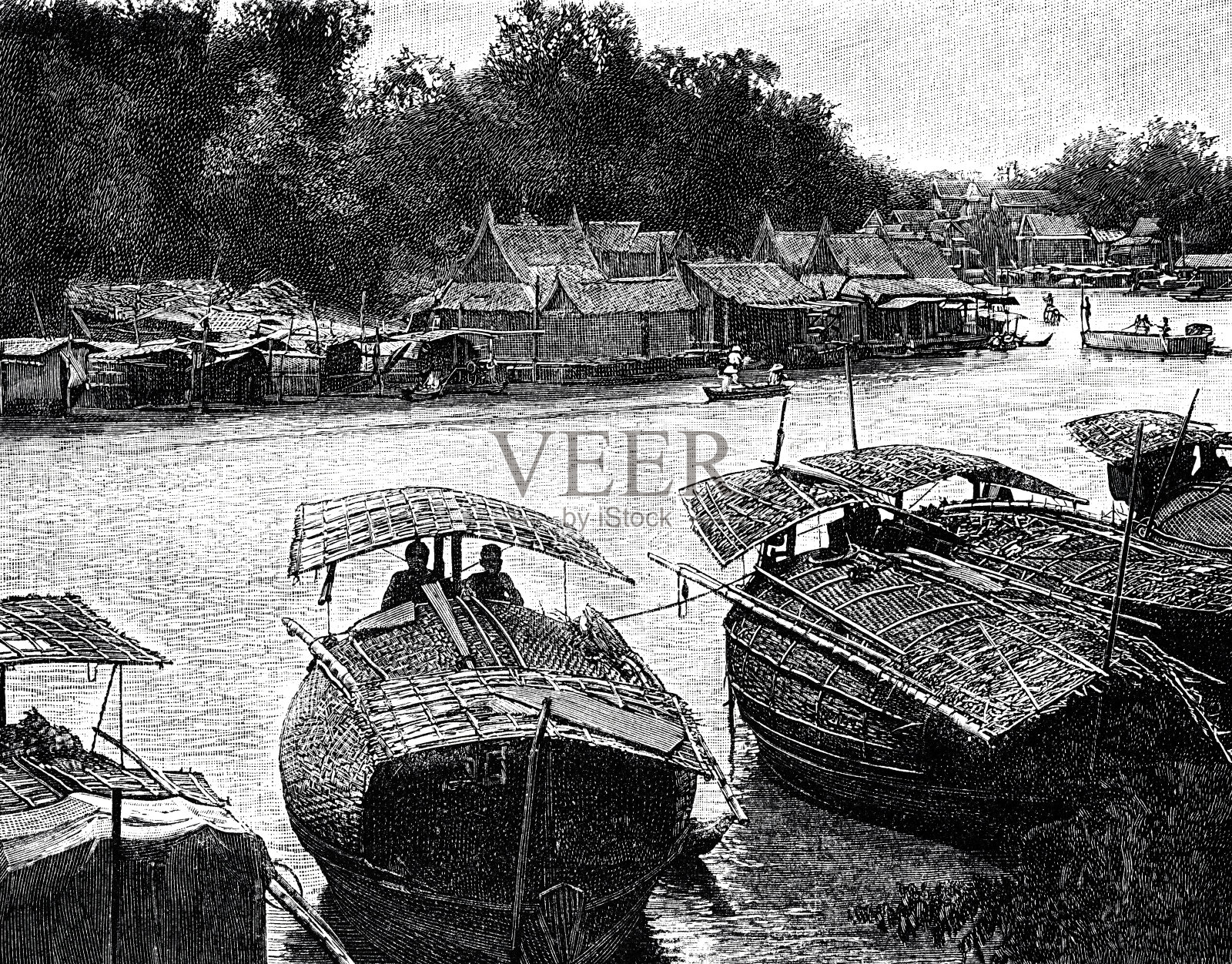 印度:木桶船和漂浮的房子插画图片素材