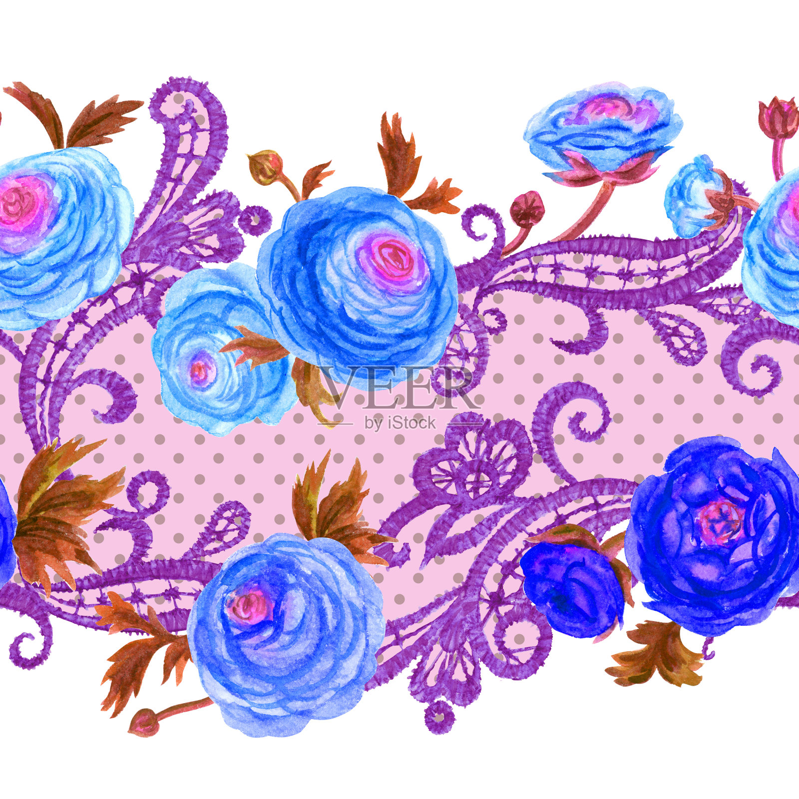 无缝水彩花边和毛茛边框插画图片素材