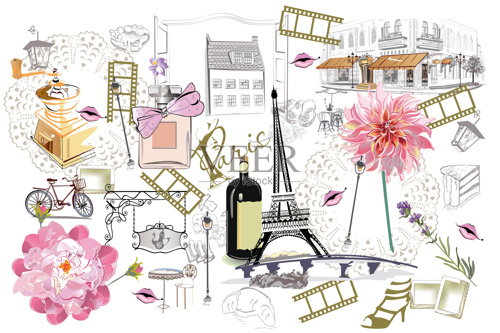 巴黎插图与时尚女孩，咖啡馆和音乐家。插画图片素材