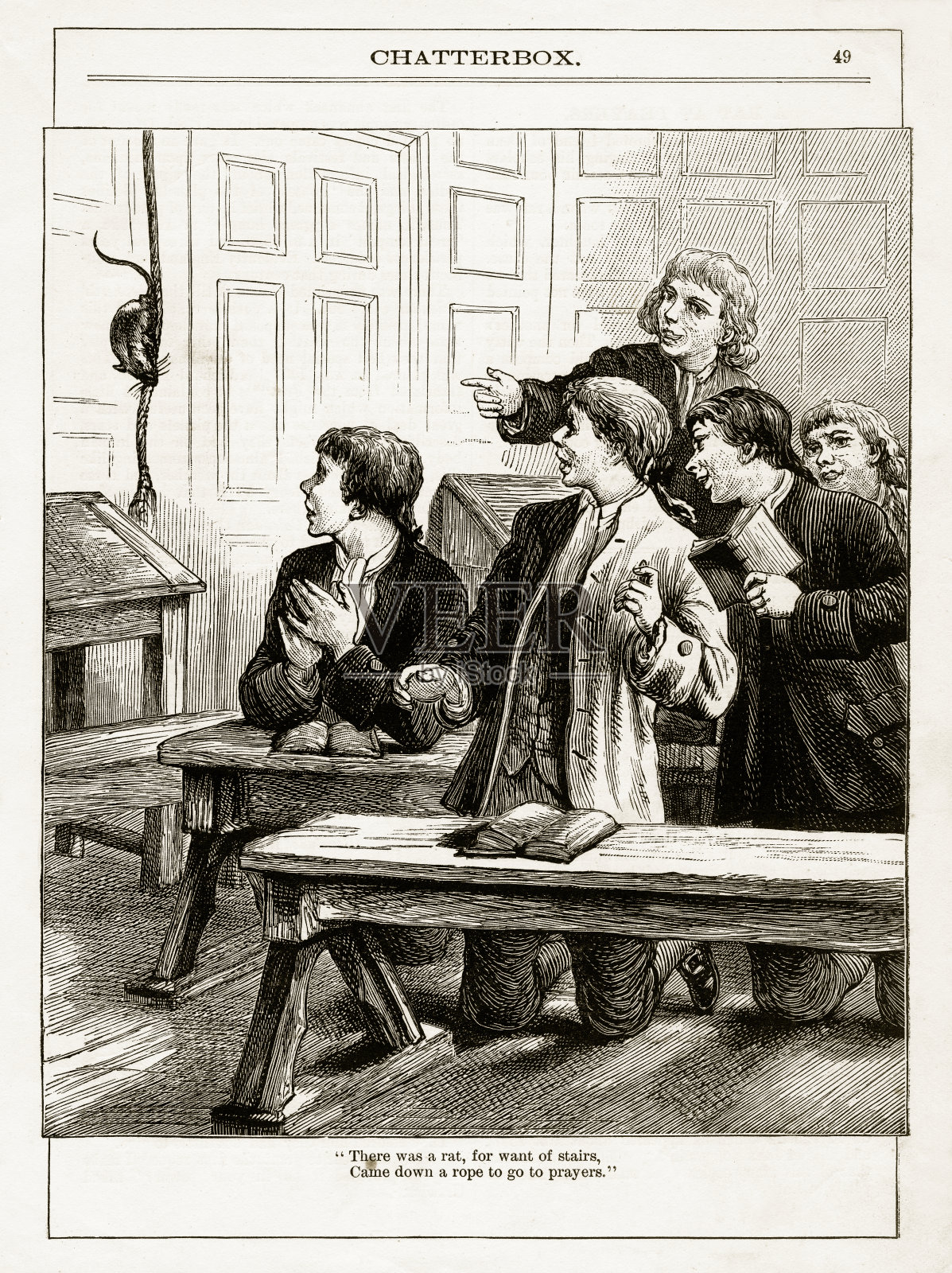 男孩祈祷和老鼠似乎是维多利亚时代的版画插画图片素材