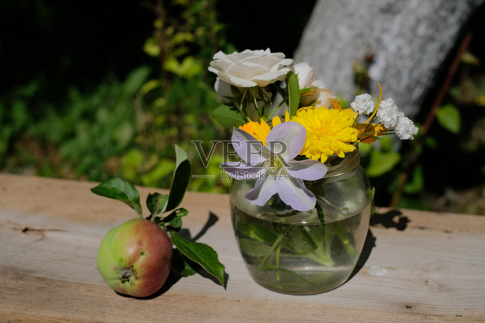 刚从夏季花园采摘的花束站在一个透明的罐子里，在木头表面上浇水，旁边是刚摘的苹果，放在露天/水平的框架上照片摄影图片