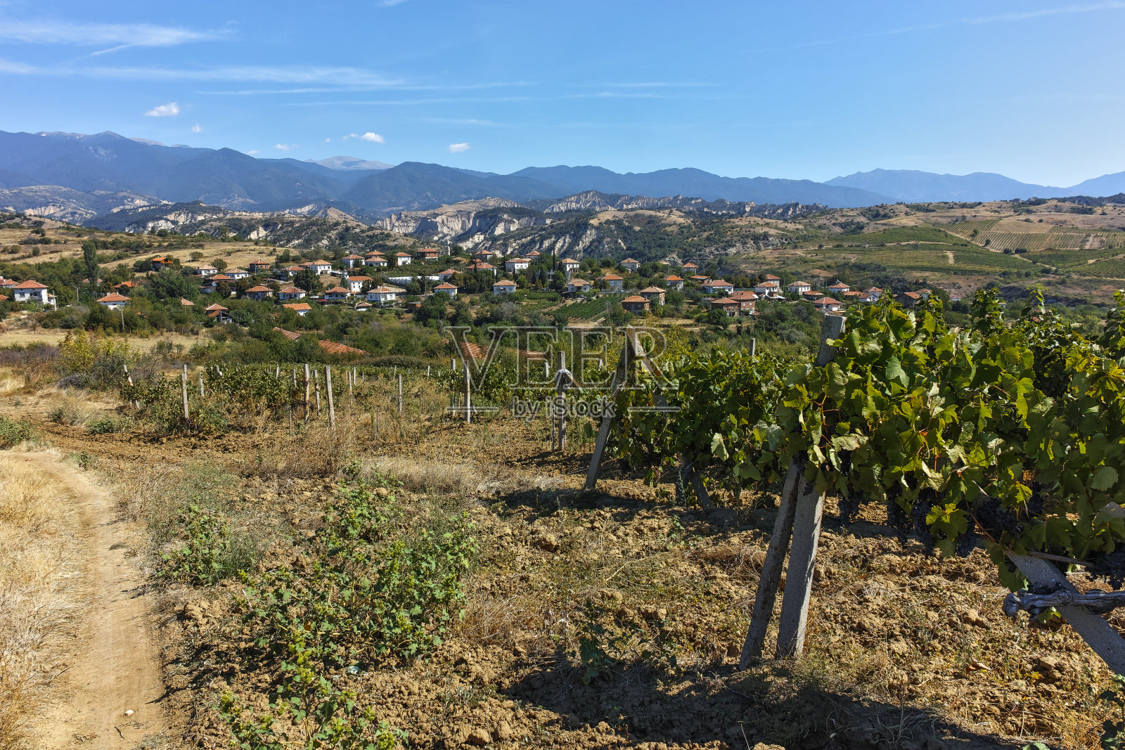 保加利亚梅尔尼克镇附近的洛泽尼察村和葡萄种植园的全景照片摄影图片