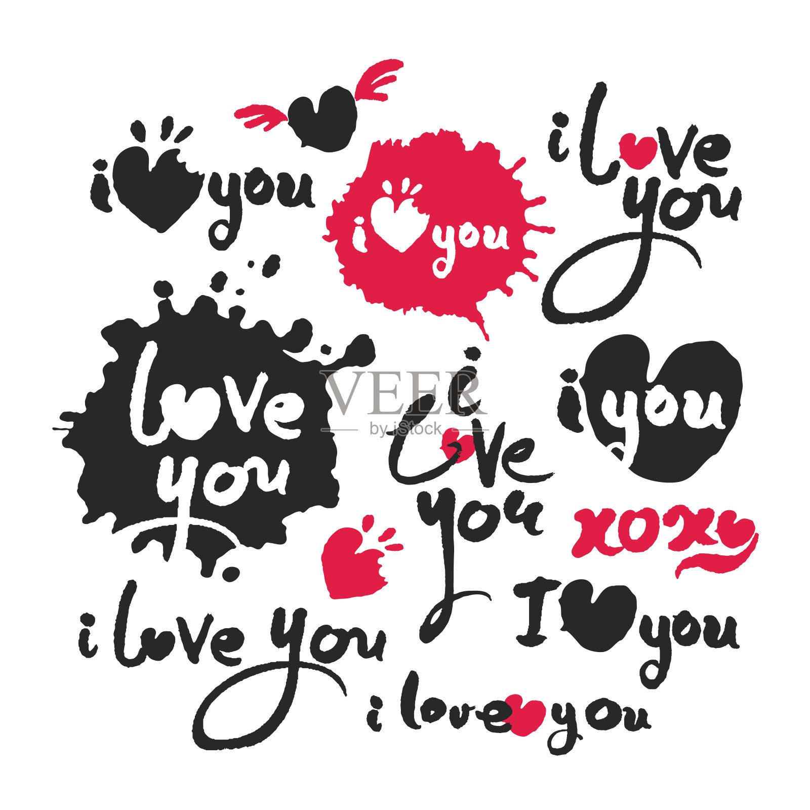 我爱你红黑字套插画图片素材