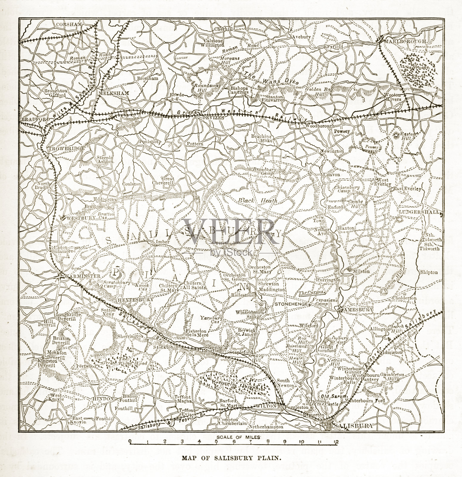 英国索尔兹伯里平原的维多利亚地图刻版插画图片素材