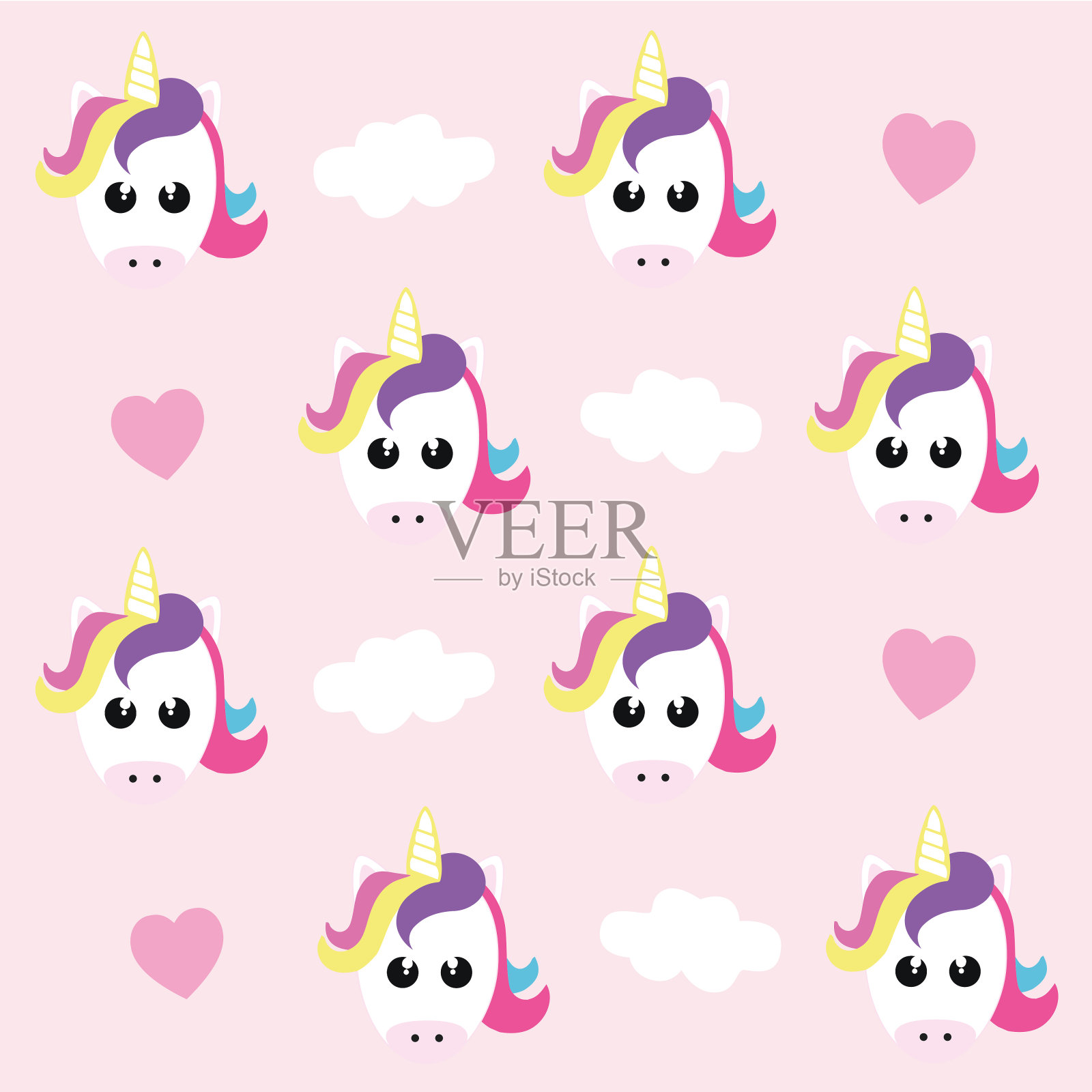 可爱的矢量无缝图案心形，云彩和独角兽在粉红色的背景。插画图片素材