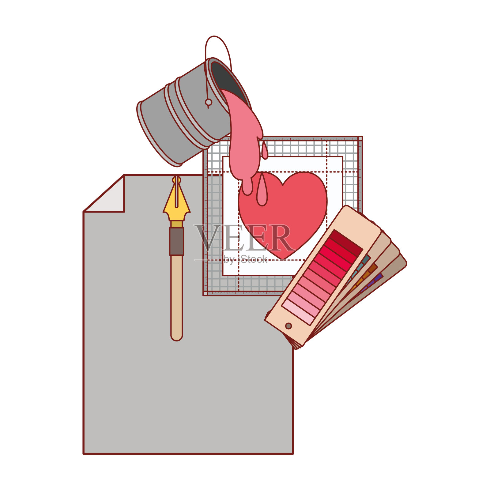 纸在空白和钢笔和调色板指南和油漆桶和心脏设计在彩色剪影与薄红色轮廓插画图片素材