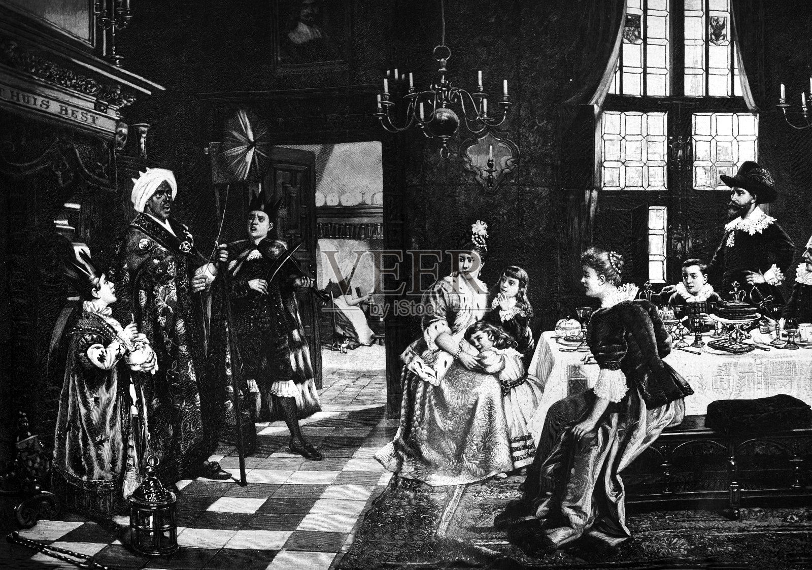 三位国王在皇家宫廷的房间里唱宗教歌曲——1896年插画图片素材