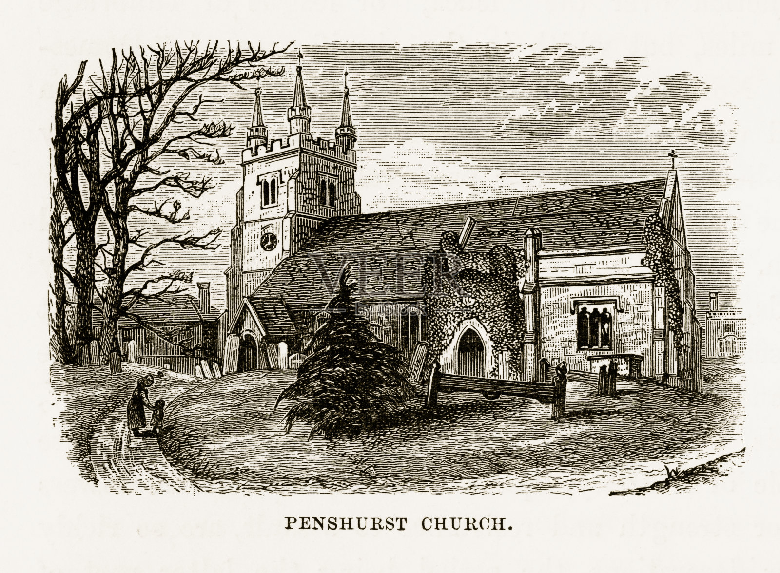 英国彭赫斯特的彭赫斯特教堂维多利亚时代版画(1840年插画图片素材