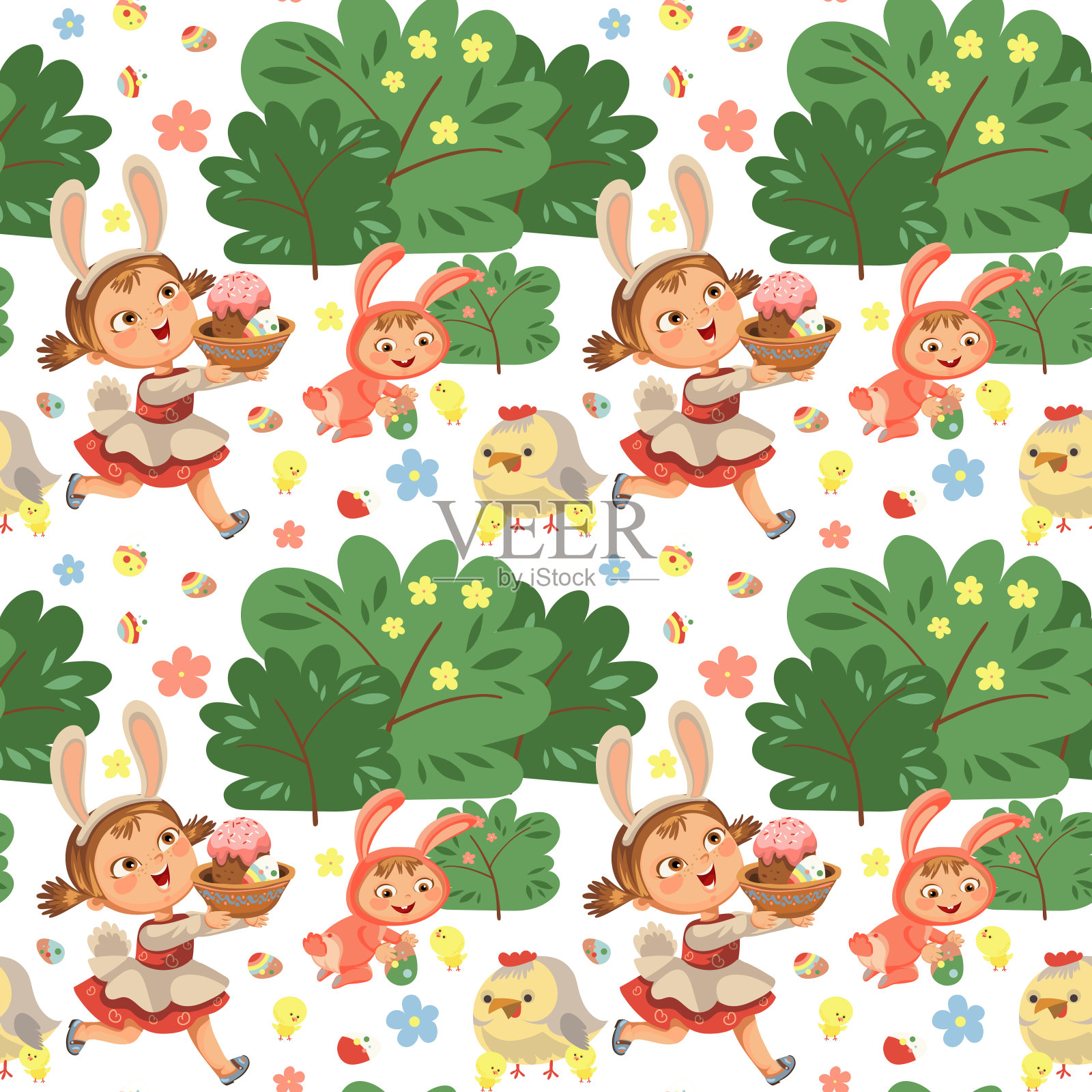 无缝图案女孩微笑奔跑狩猎装饰巧克力蛋在复活节兔子服装耳朵和尾巴矢量插画，春节假期的乐趣孤立在白色，婴儿奔跑与paschal篮子为鸡蛋猎人插画图片素材