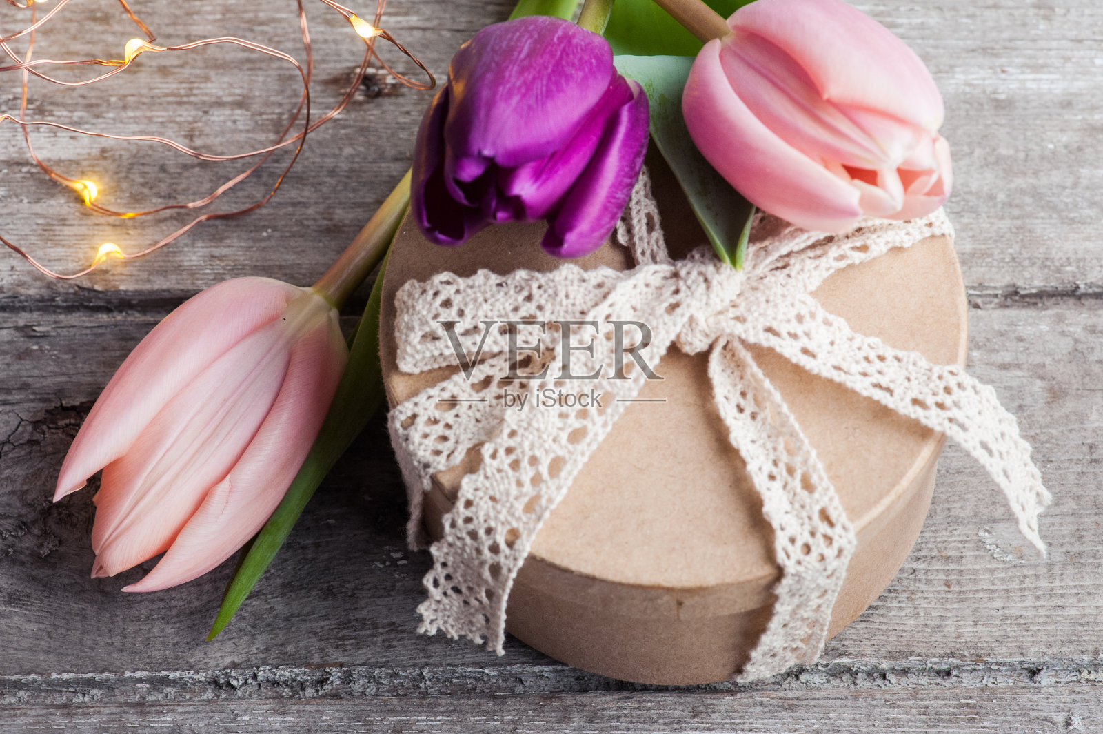 粉色郁金香花，灯光照片摄影图片