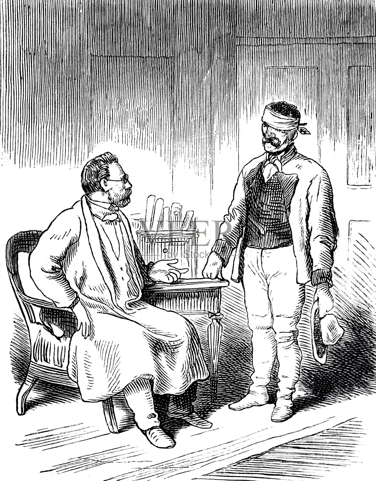 医生和一个蒙着眼睛的病人说话插画图片素材