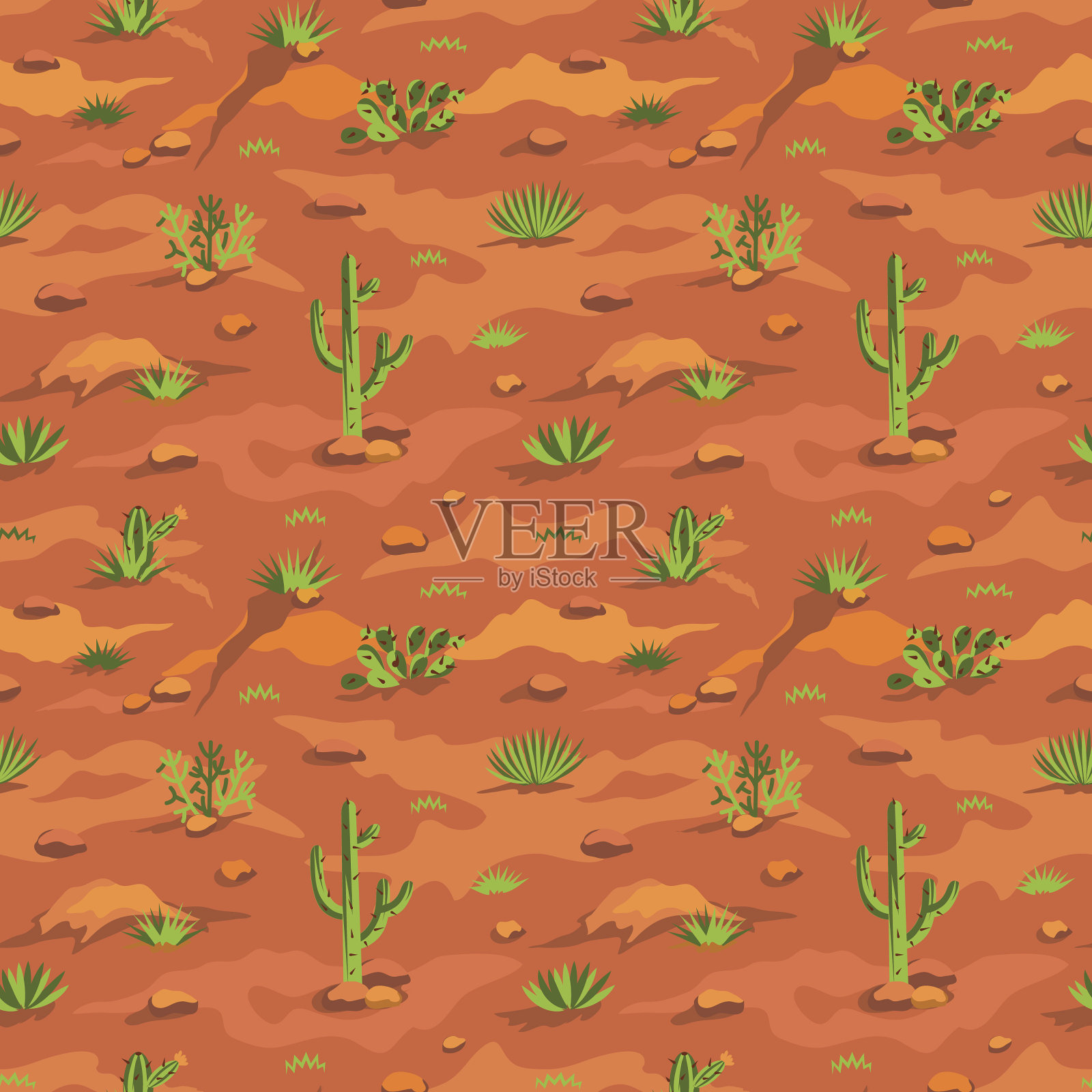 西部沙漠景观无缝图案+仙人掌、草本、沙丘、石头插画图片素材