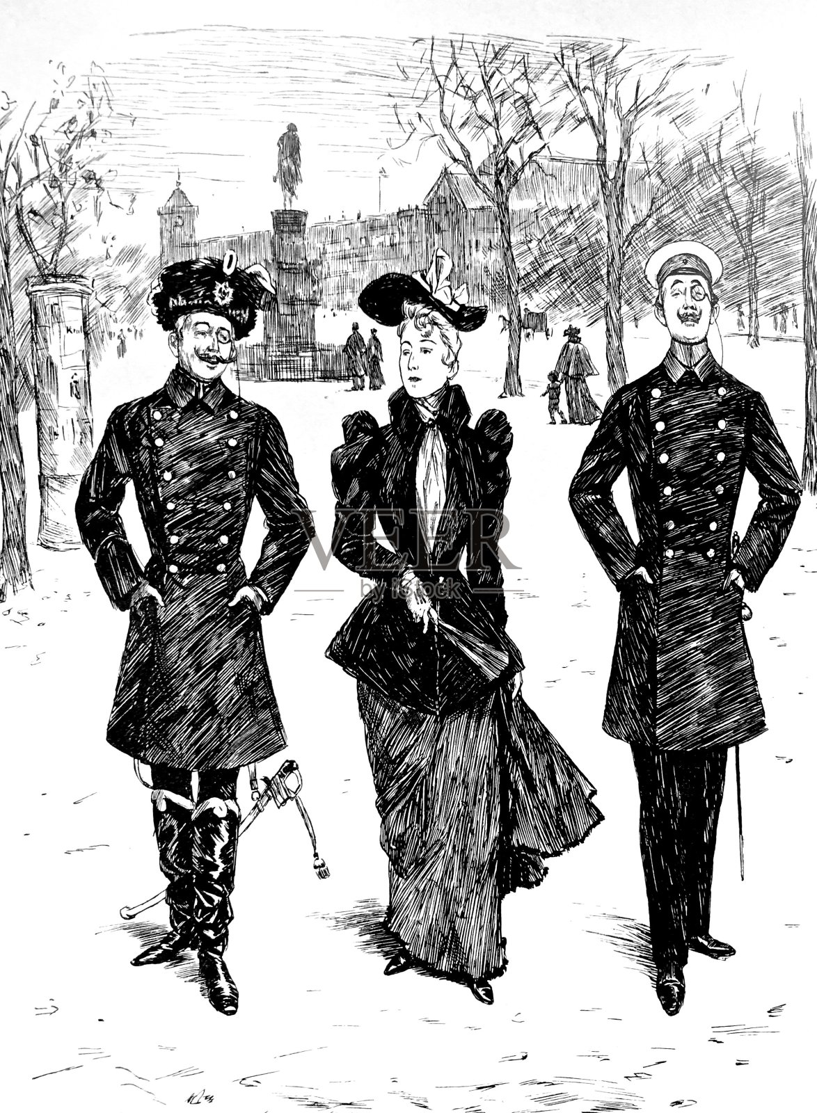 一个年轻的美人走在两个士兵中间插画图片素材