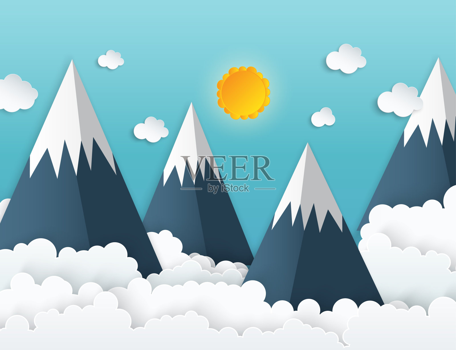 纸艺术折纸山有雪，白色蓬松的云，蓝天，插画图片素材