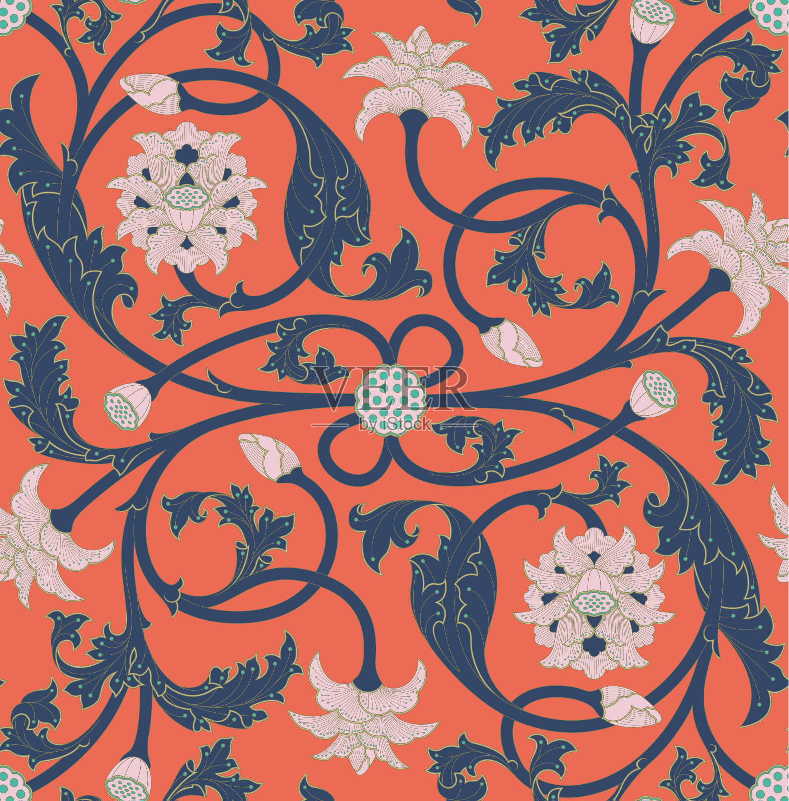 红粉莲花卷须图案(六色版)插画图片素材