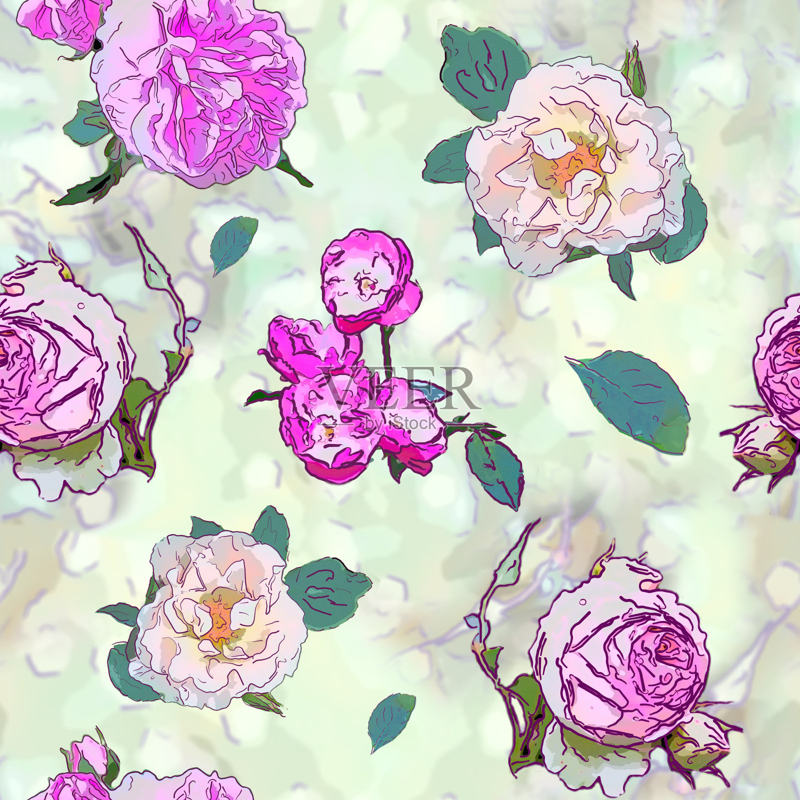 无缝背景绘图-玫瑰花插画图片素材