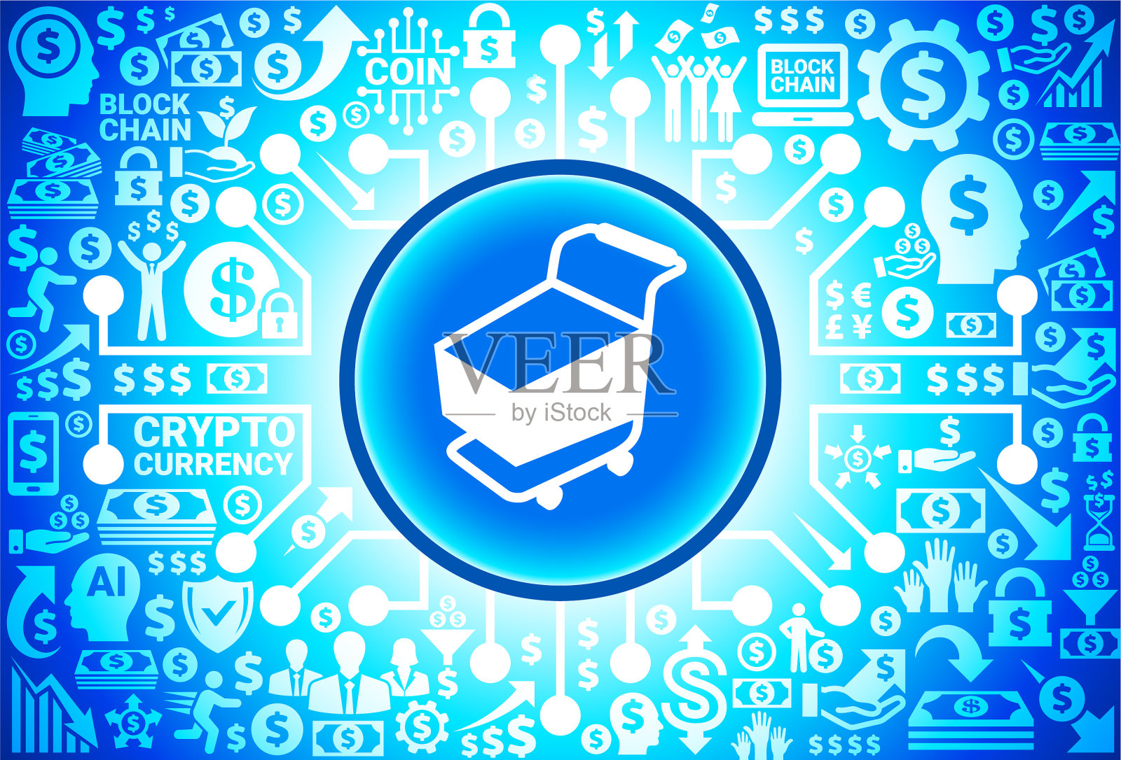 货币和加密货币背景上的购物车图标设计元素图片