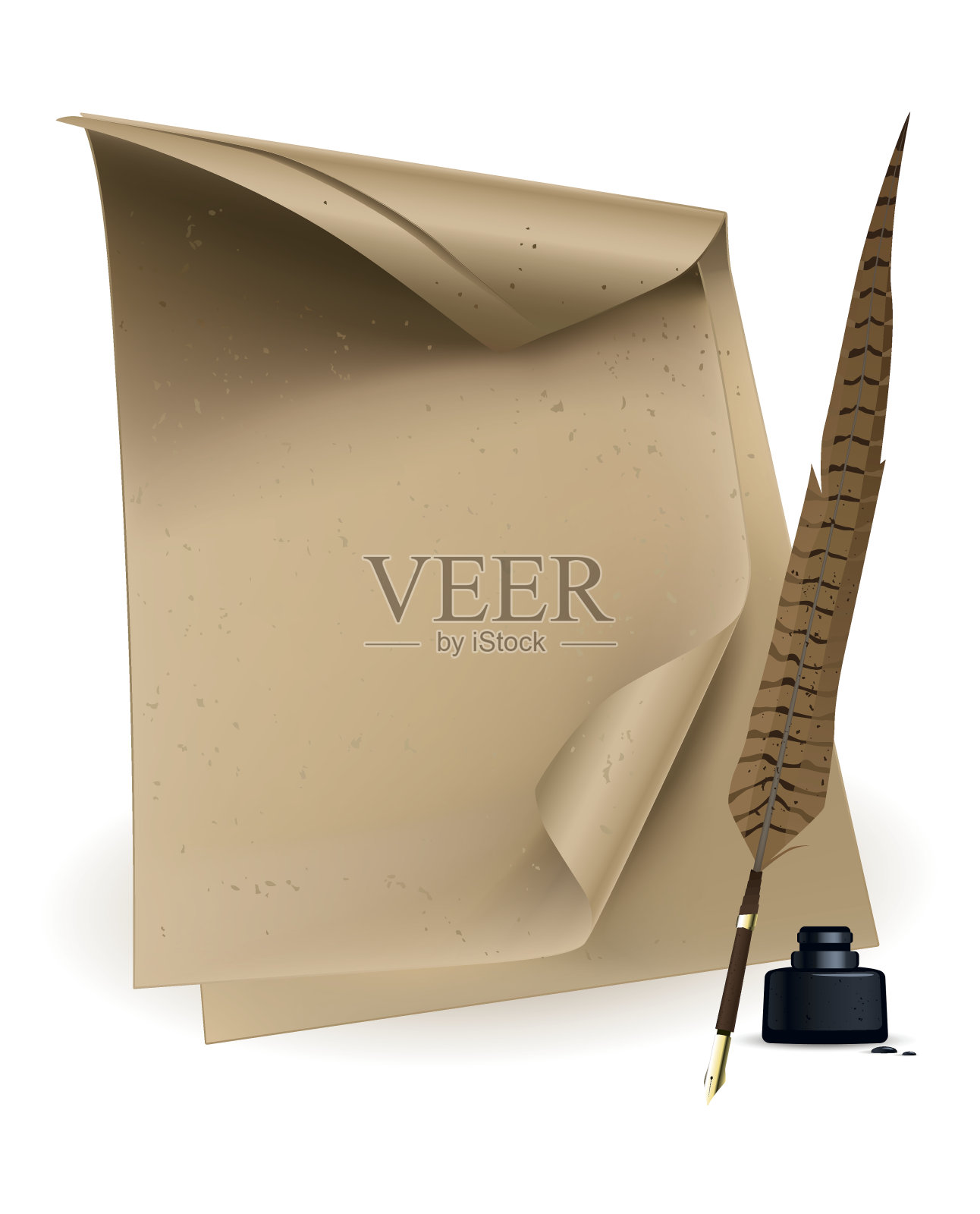 带羽毛笔和墨水池的旧纸插画图片素材