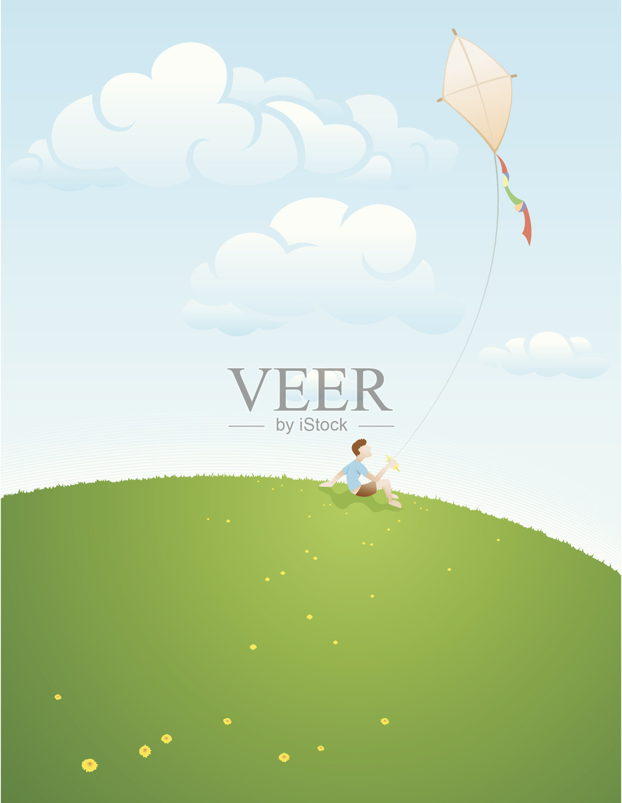 小男孩放风筝插画图片素材