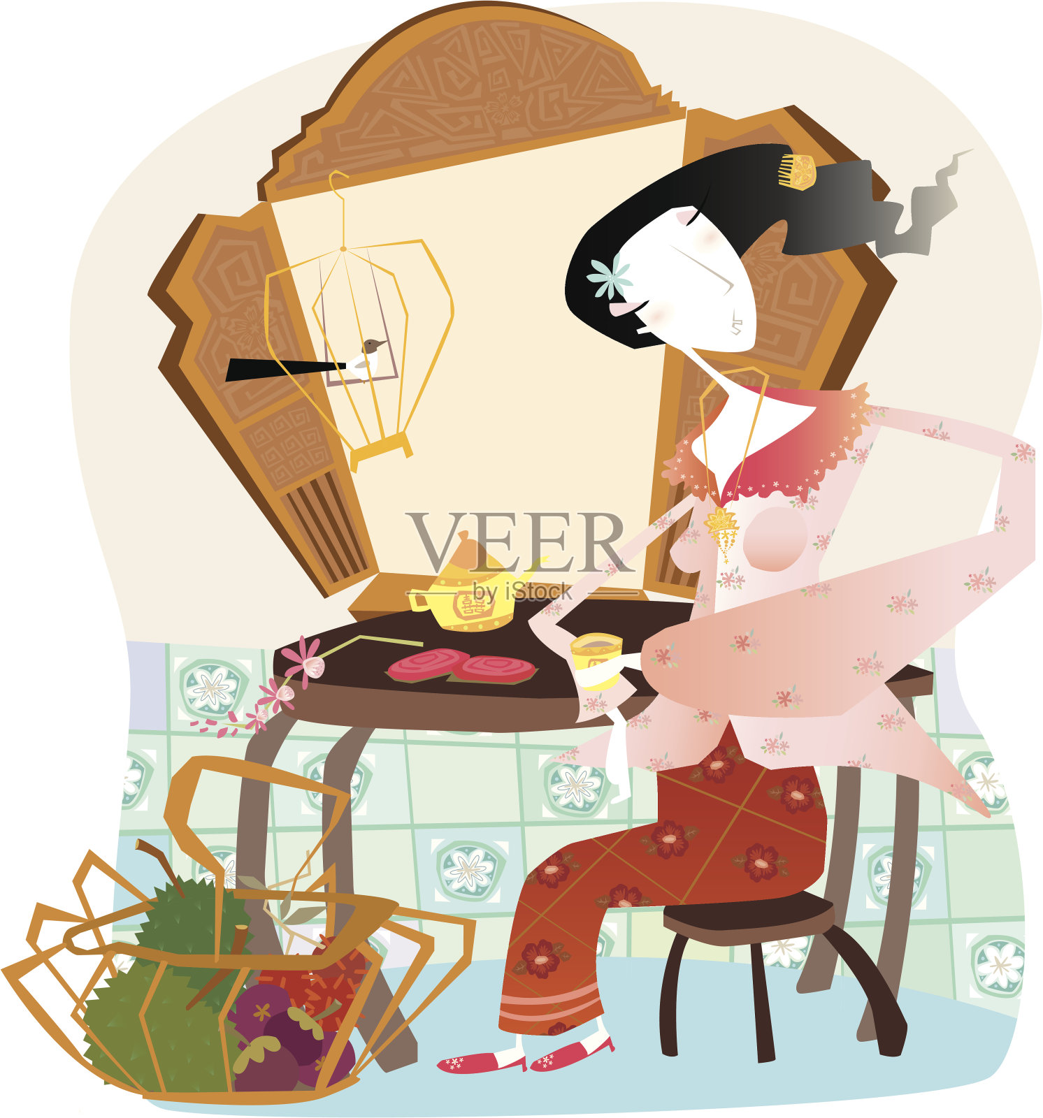 年轻的土生华人妇女喝茶插画图片素材