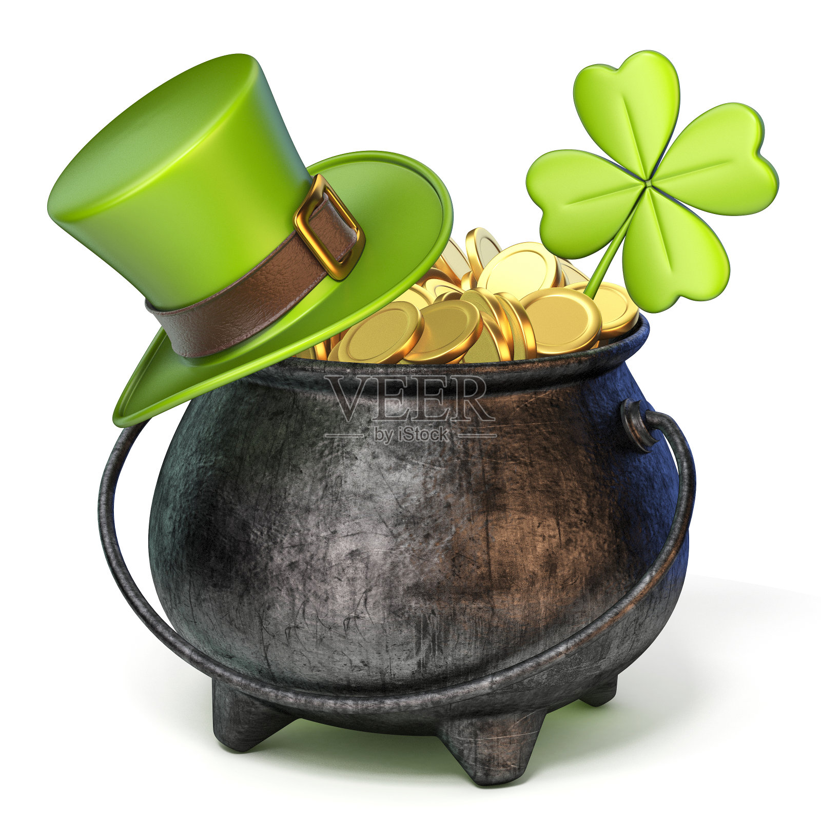 装满金币的铁罐，绿色圣帕特里克节帽子和三叶草3D照片摄影图片