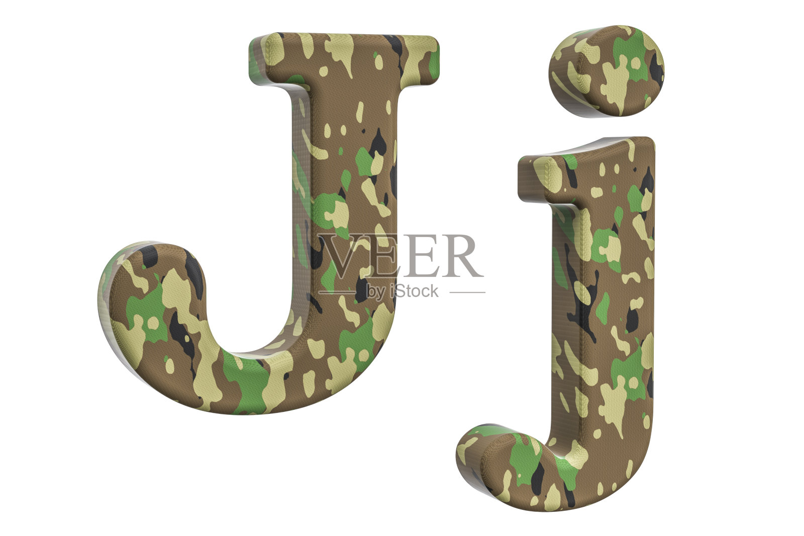 伪装军队字母J, 3D渲染孤立的白色背景照片摄影图片