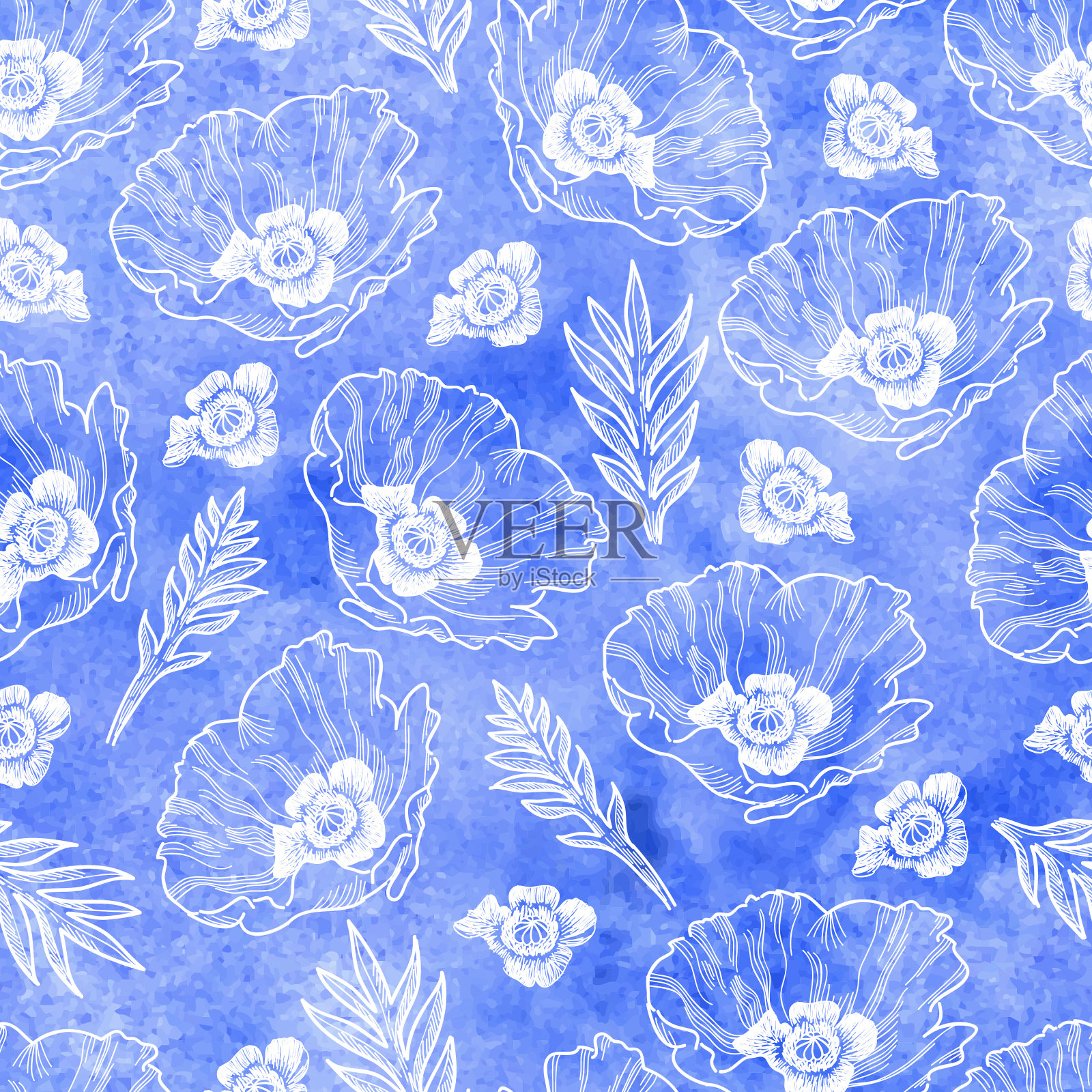 罂粟无缝矢量模式-墨水绘制与水彩纹理插画图片素材