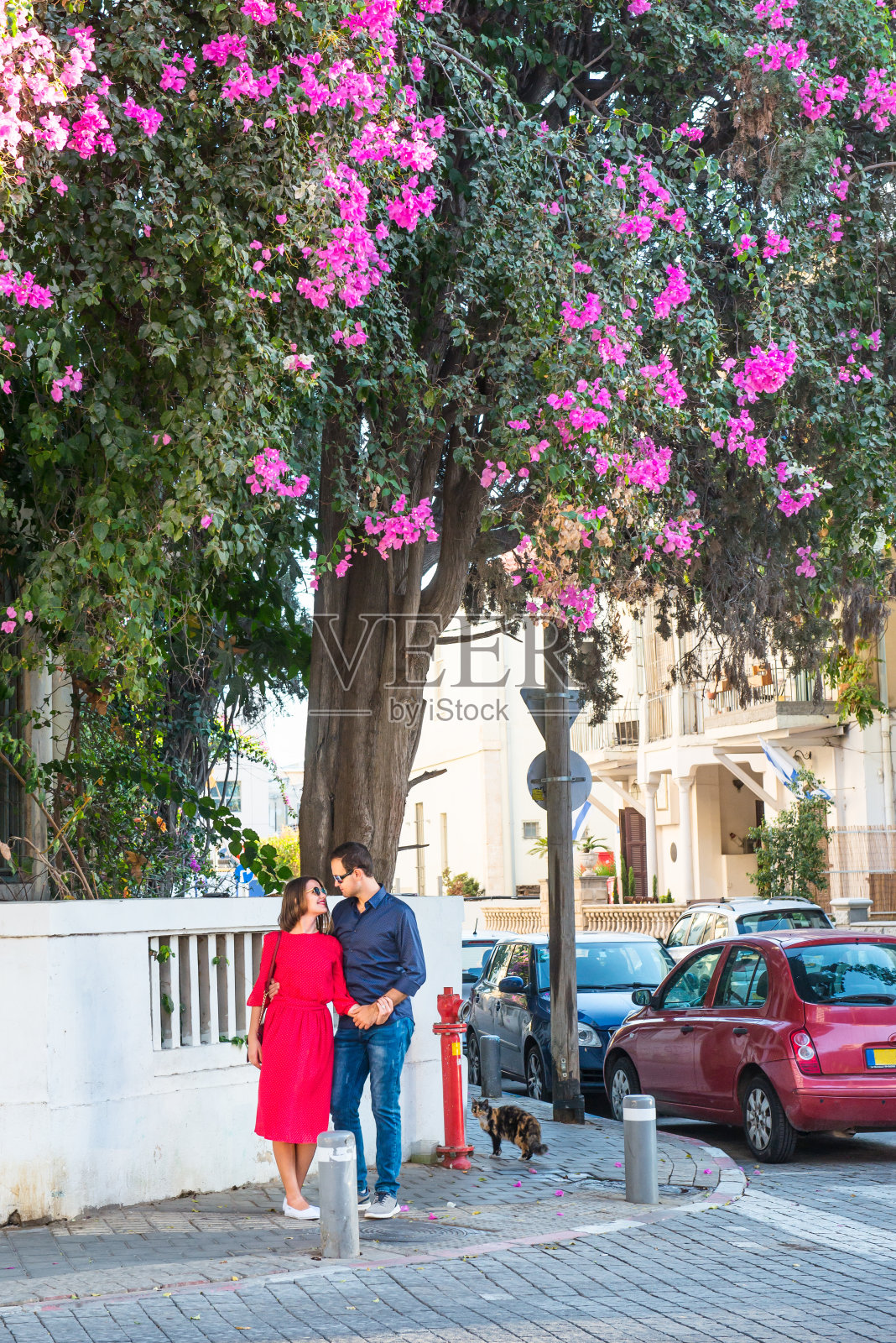 浪漫的情侣穿着鲜艳的衣服，戴着太阳镜，手牵着手，微笑着站在街上盛开的树下。幸福、生活方式和旅游理念。有选择性的重点。副本的空间。垂直的。照片摄影图片