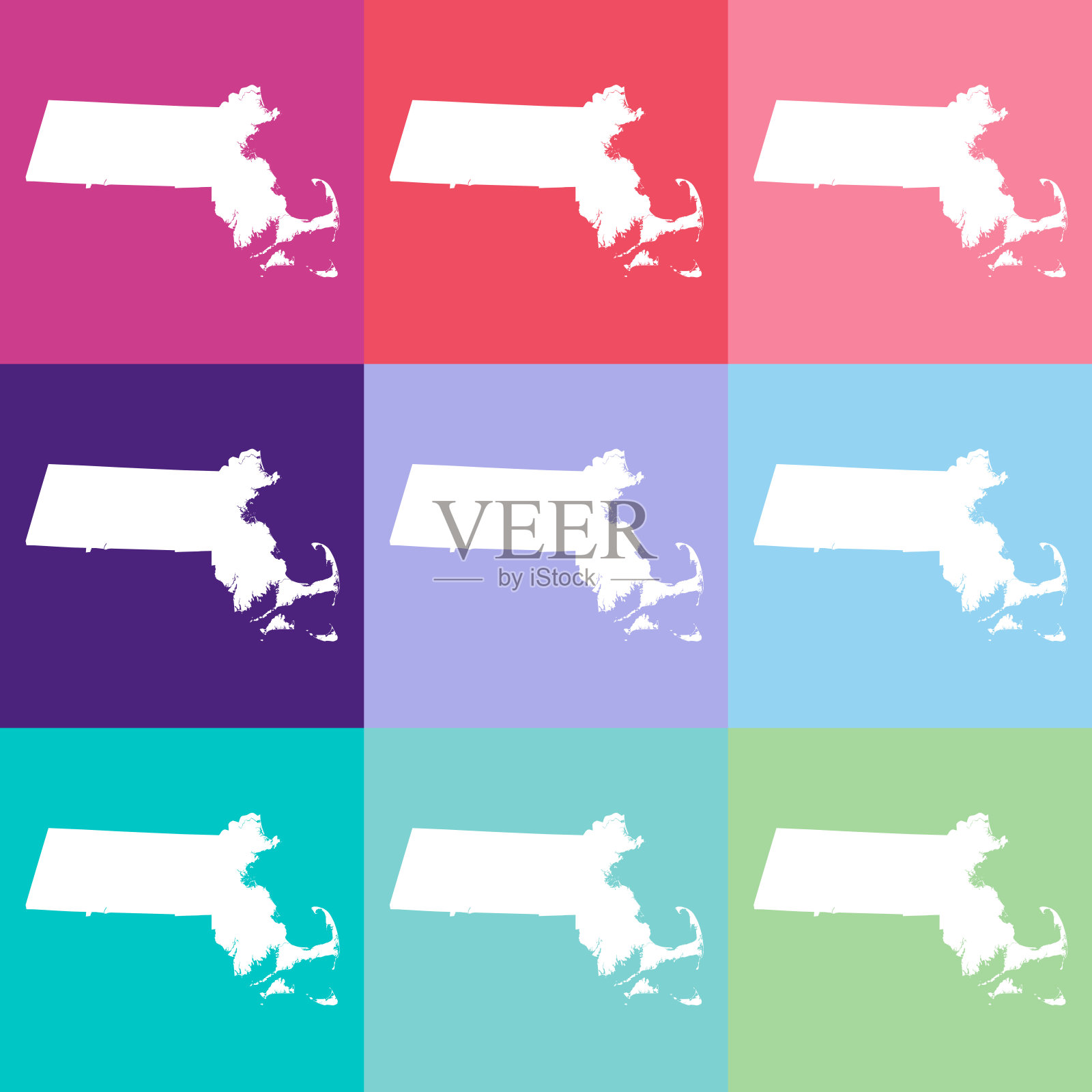 矢量马萨诸塞州，美国地图在凉爽的颜色插画图片素材