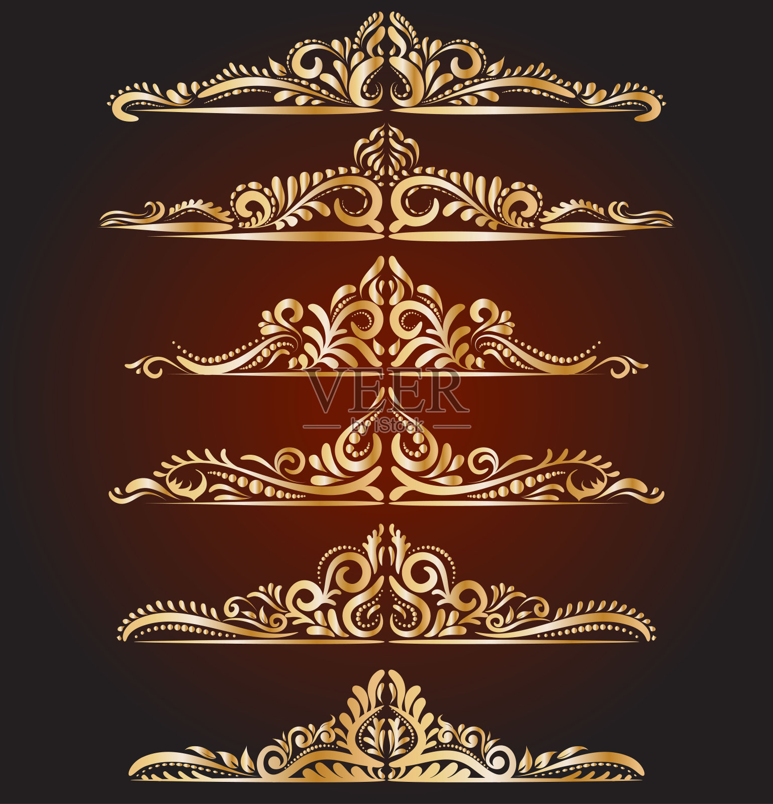 黄金复古元素和边界设置华丽和装饰。花卉漩涡设计水疗中心和皇家符号元素插画图片素材