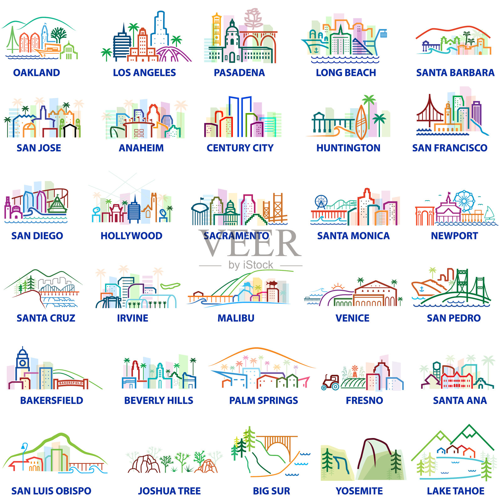 色彩斑斓的加州城市风光插画图片素材