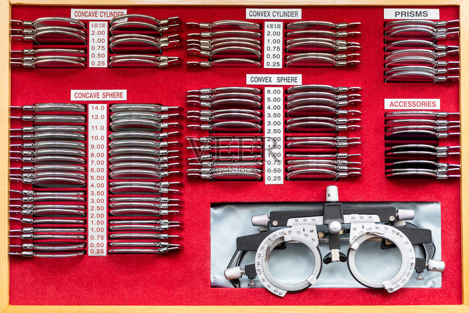 验光师试验框架案。有不同镜片和镜框的眼睛测试盒。从以上观点。全套俯视图。眼科门诊视力诊断照片摄影图片