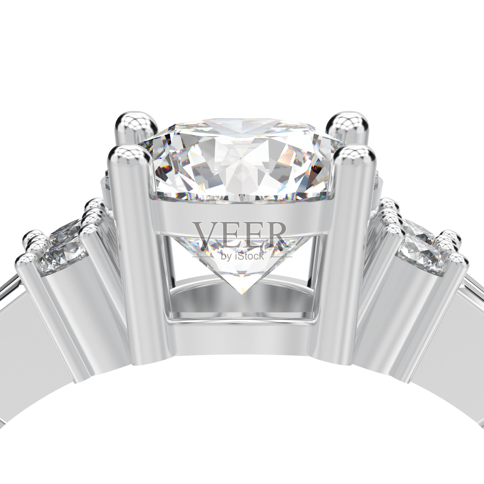 3D插图孤立近距离白金或银装饰单人订婚钻石戒指照片摄影图片