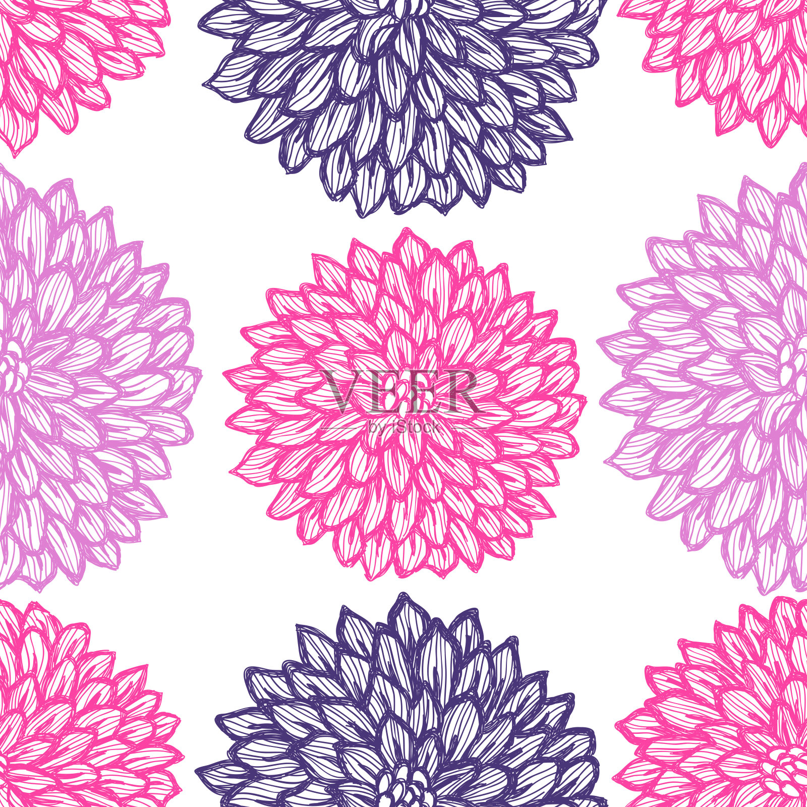 Dalhia无缝矢量模式-水墨绘画与水彩纹理插画图片素材