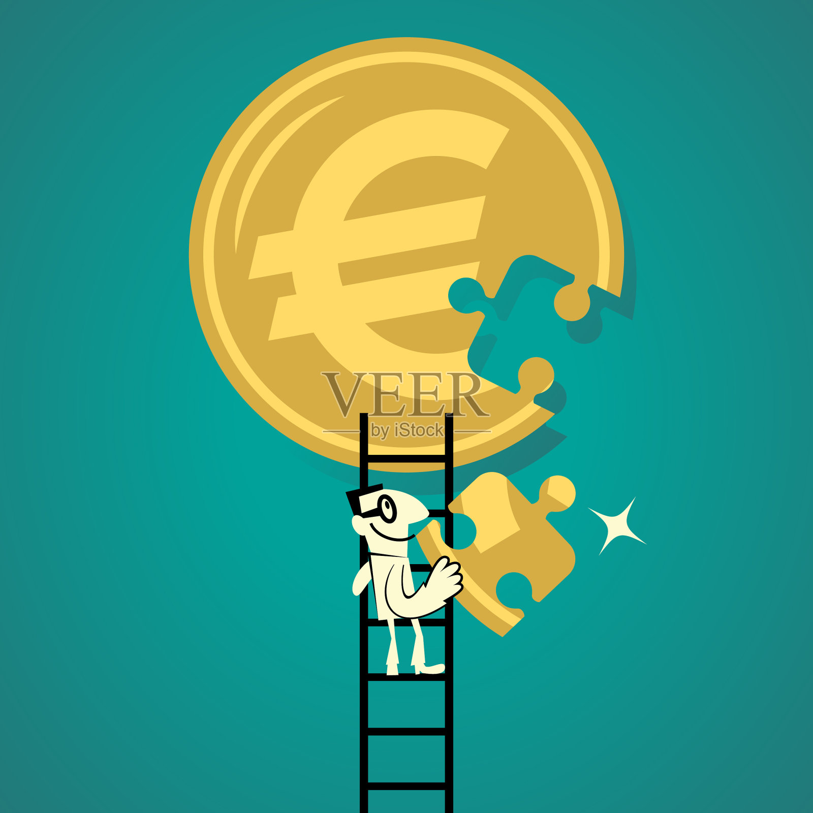 商人攀登梯子完成欧元符号(欧盟货币)拼图插画图片素材