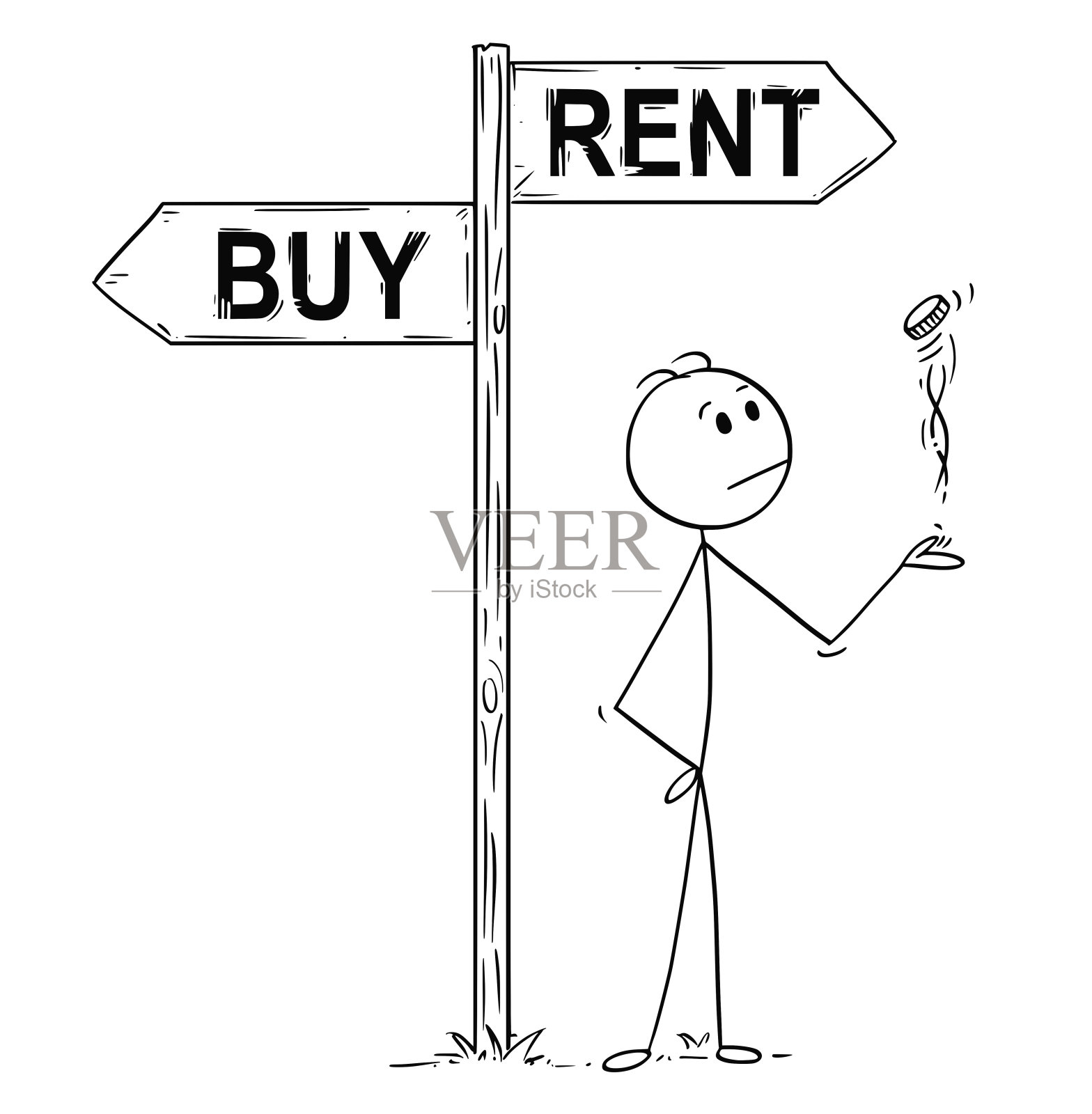 男人或商人在买或租箭头下抛硬币做决定的卡通插画图片素材