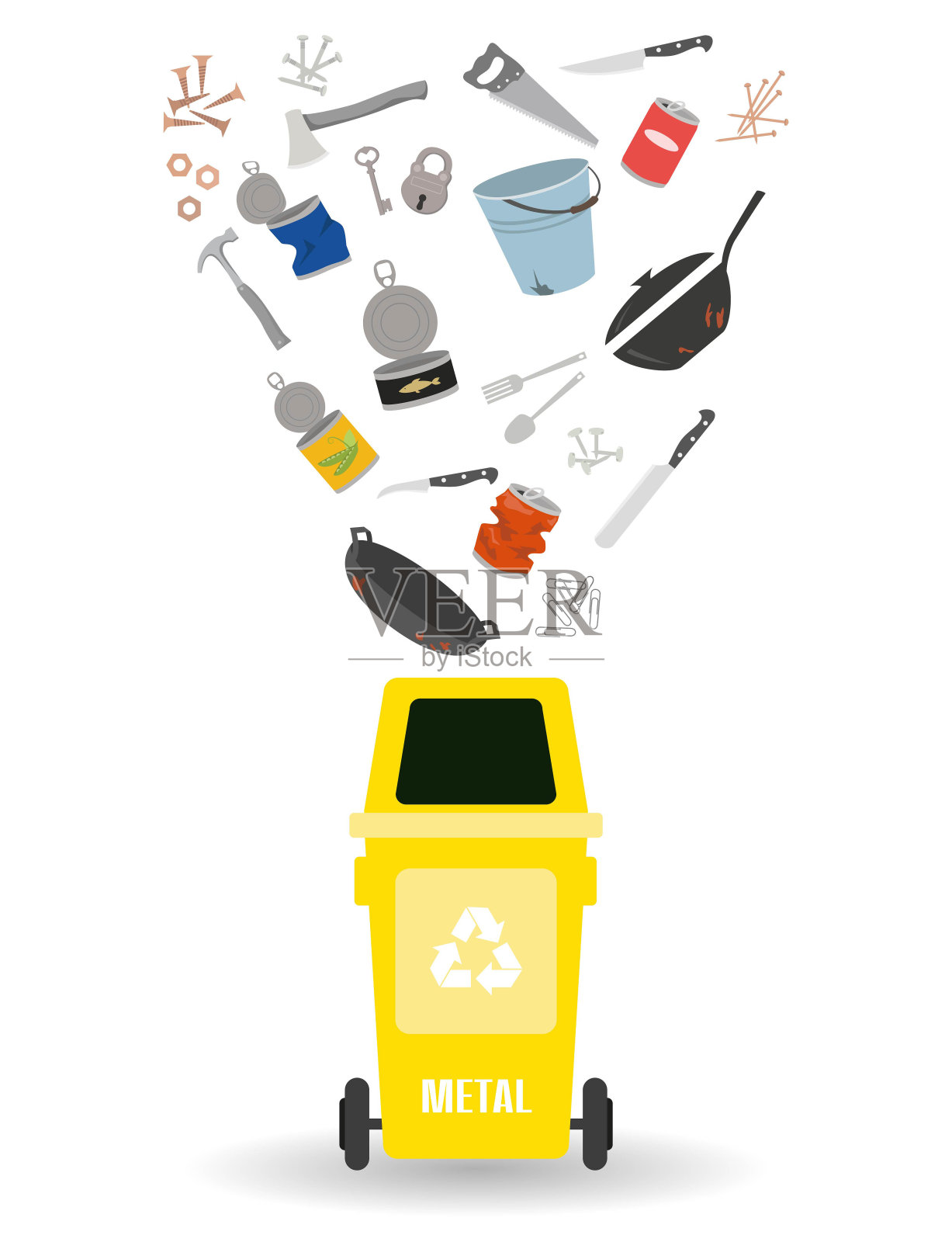 白色背景上有金属垃圾的容器。插画图片素材