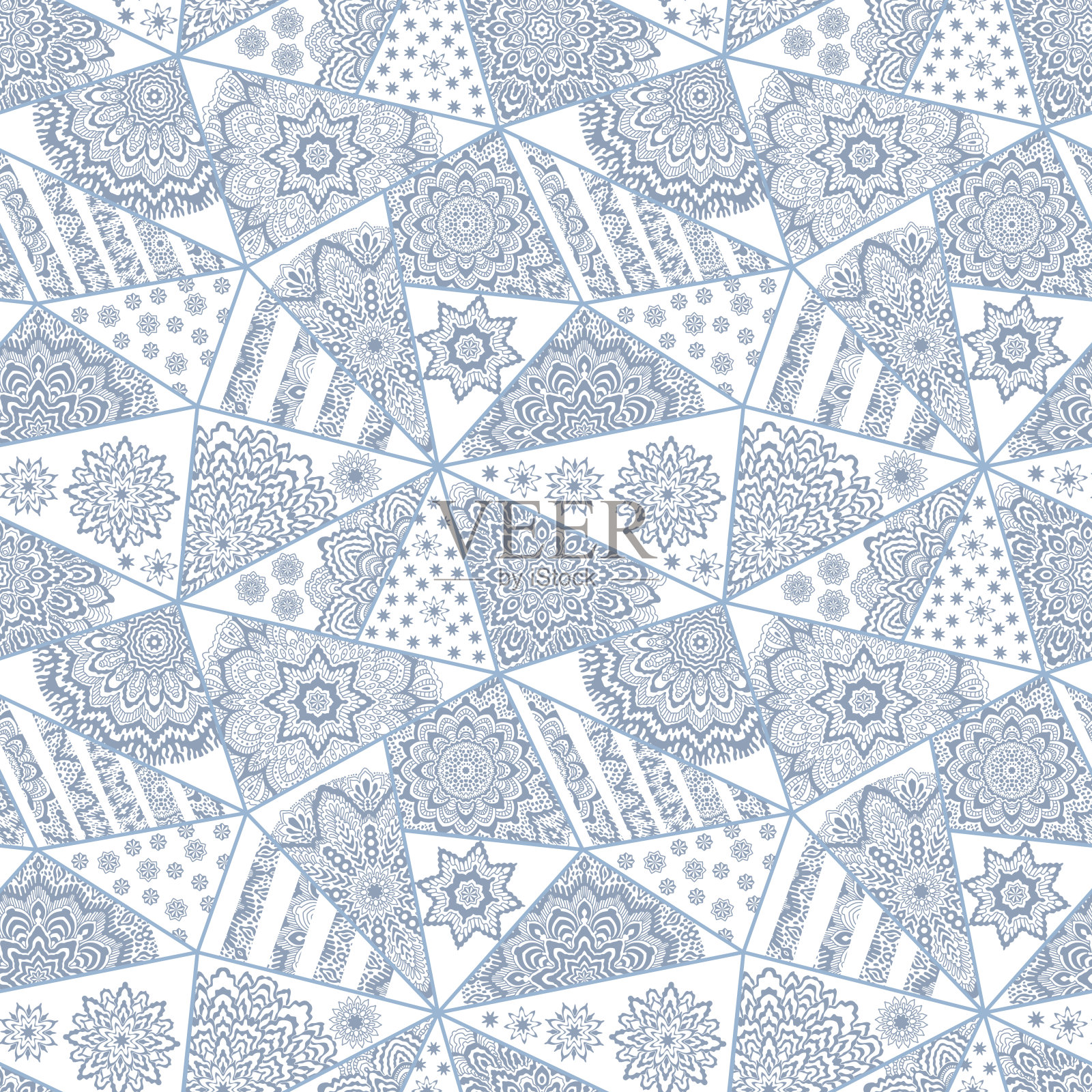 抽象的无缝三角形拼接图案，由蓝色和白色几何艺术装饰装饰品，程象化的星星和东方径向玫瑰图案。地毯，印花织物，墙纸，包装纸插画图片素材