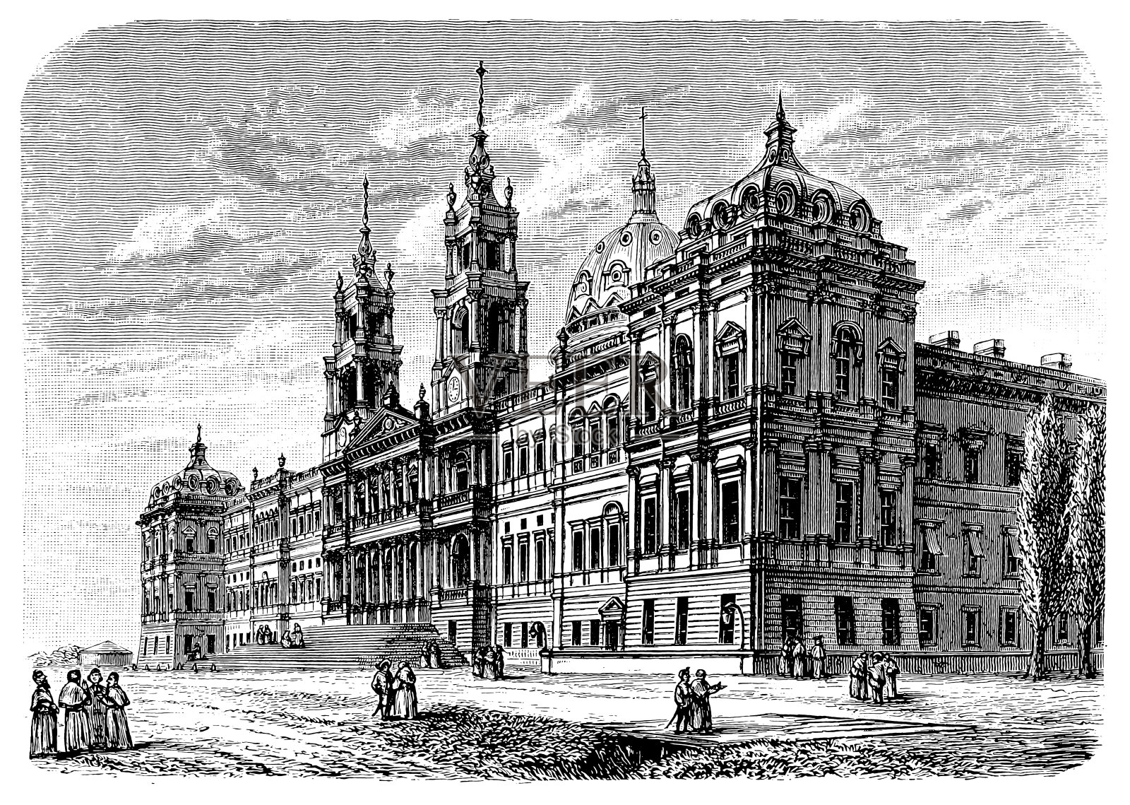 马弗拉宫位于葡萄牙的马弗拉，距里斯本约28公里，是一座巴洛克风格的建筑，是一座初始化的新古典主义宫殿修道院插画图片素材