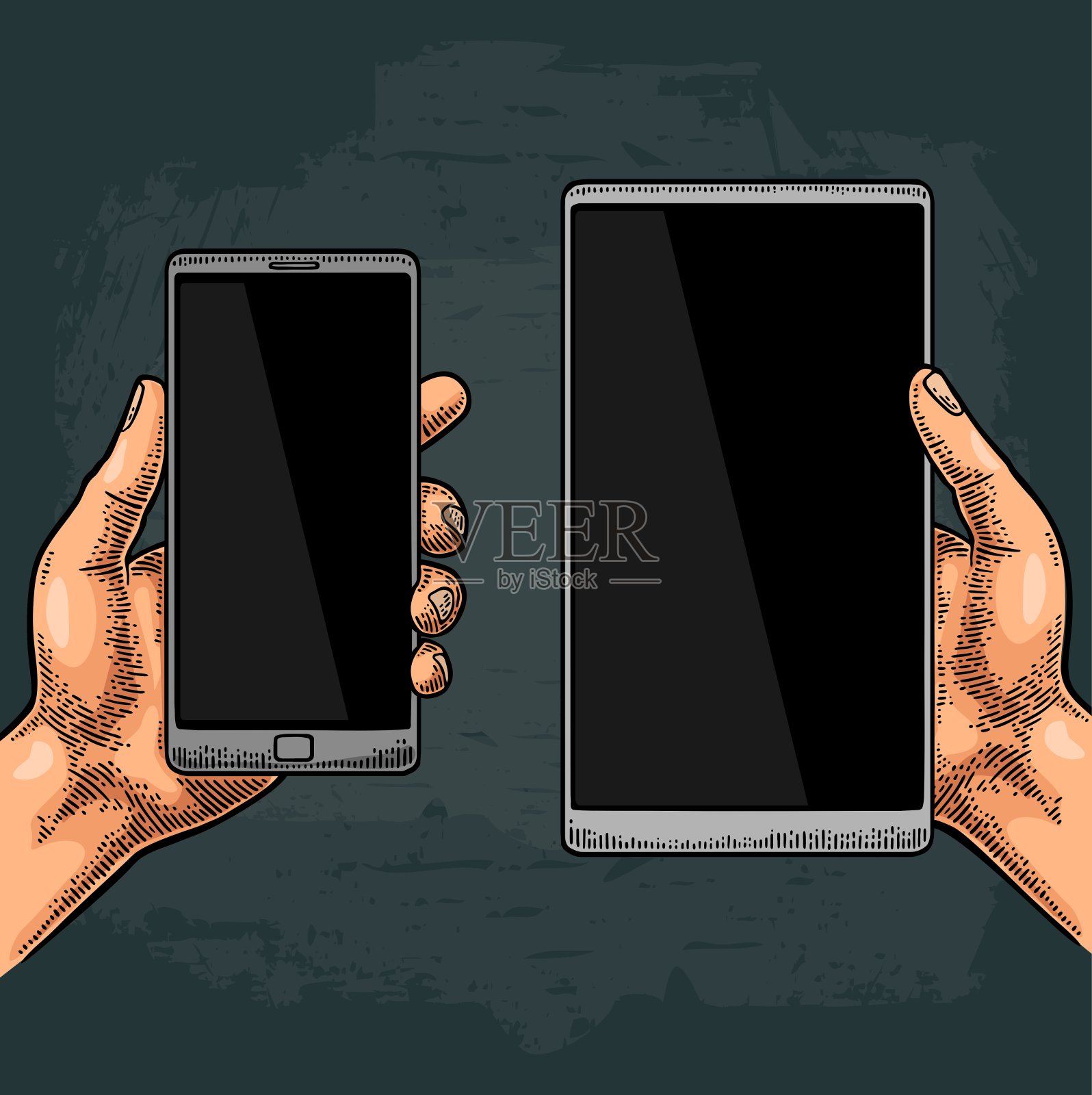 男人的手拿着一个现代手机。复古绘制矢量雕刻插画图片素材