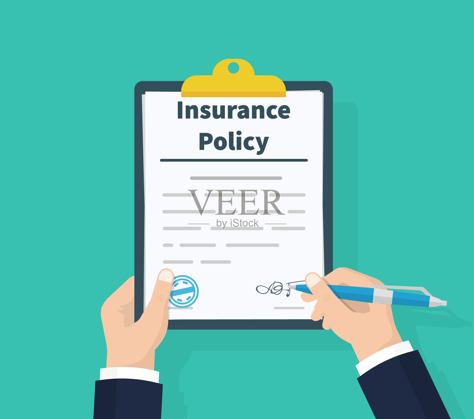 保险政策。手里拿着剪贴板。人签名的形式。索赔表单。文档保护财产。分析个人简历。矢量插图平面设计。孤立在绿色背景上。插画图片素材